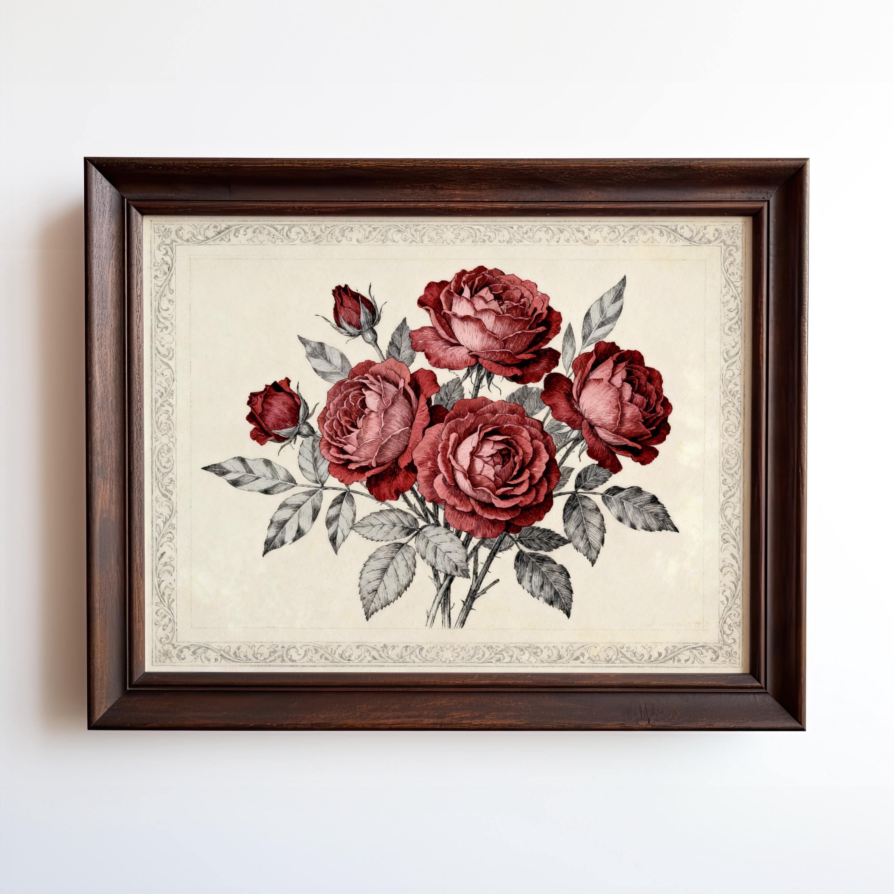 A framed print of a bouquet of red roses is displayed on a wall.