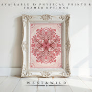 A framed Botanical Wall Art print—19th Century Victorian botanical with hot pink floral design—is displayed on a white wooden floor. Available as vintage art prints & framed art by WEST & WILD.