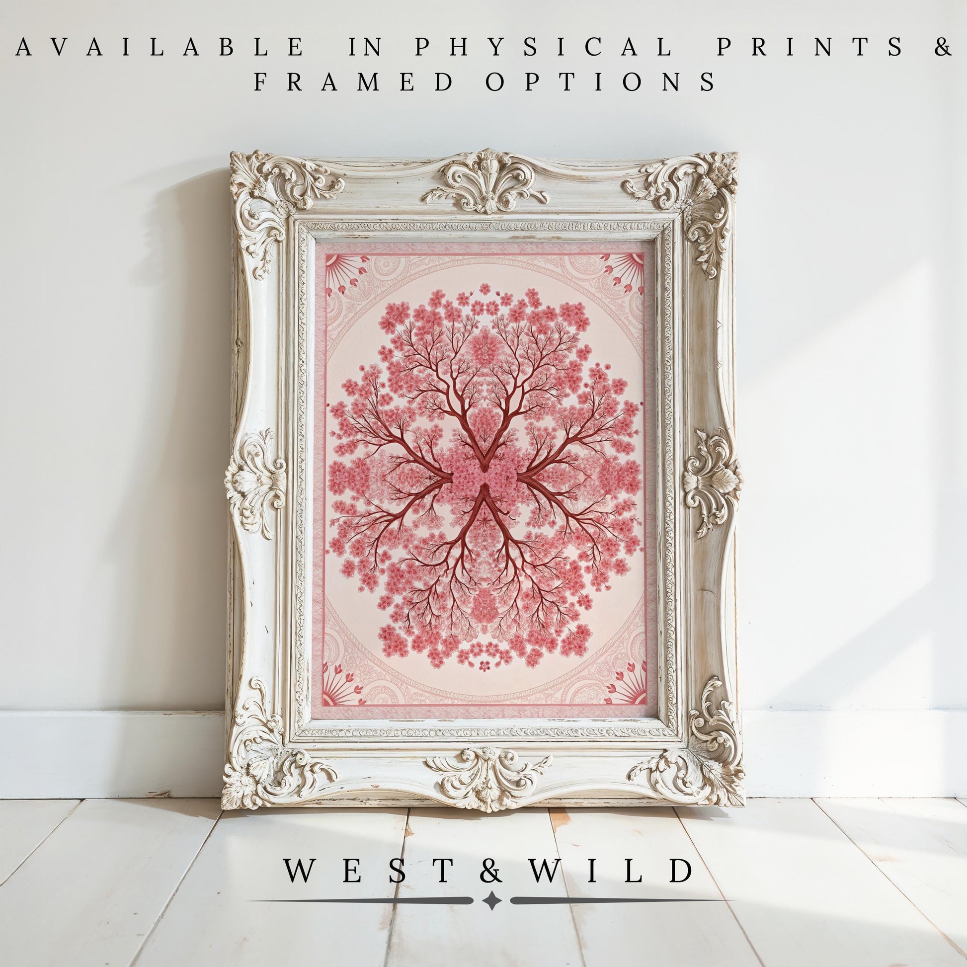 A framed Botanical Wall Art print—19th Century Victorian botanical with hot pink floral design—is displayed on a white wooden floor. Available as vintage art prints & framed art by WEST & WILD.