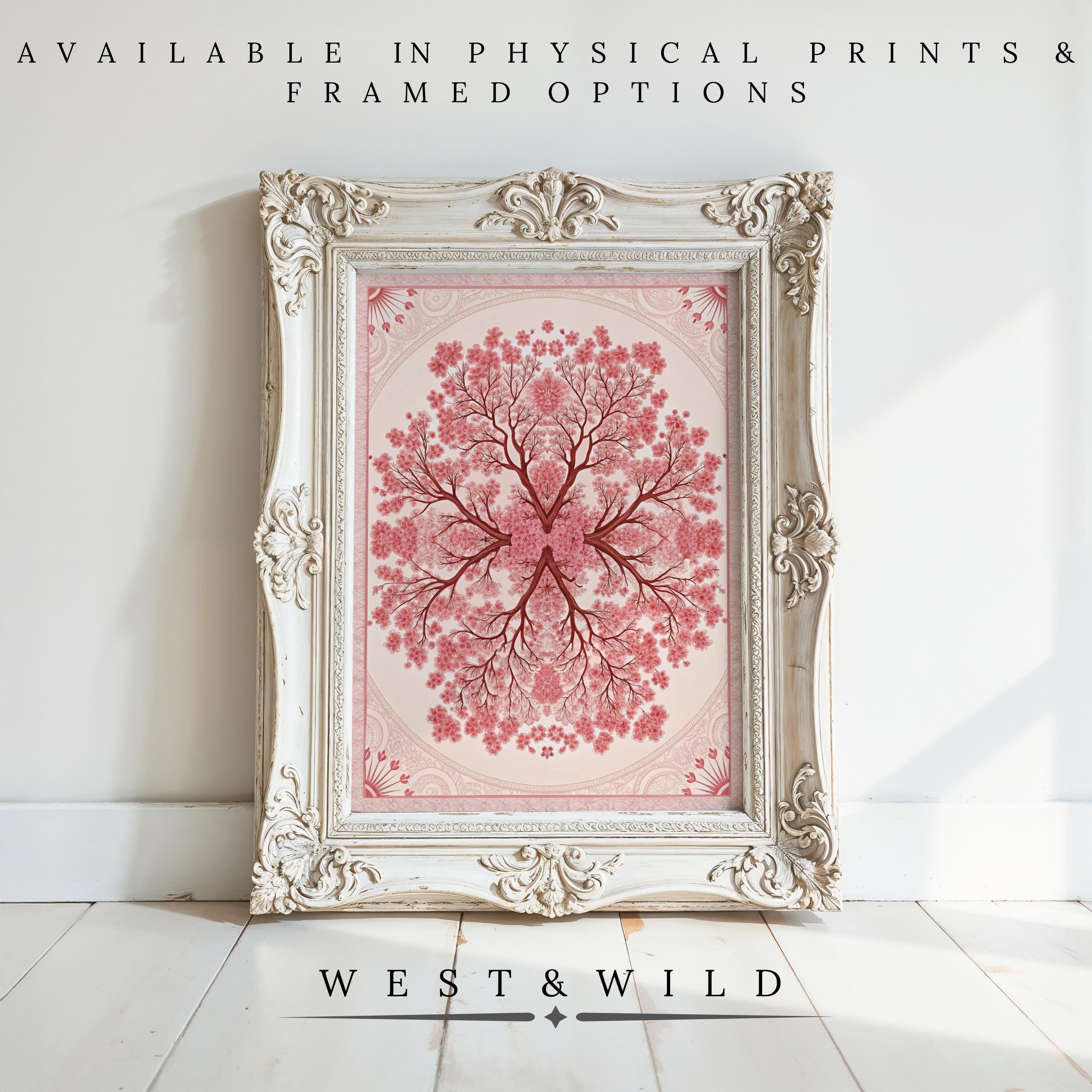 A framed Botanical Wall Art print—19th Century Victorian botanical with hot pink floral design—is displayed on a white wooden floor. Available as vintage art prints & framed art by WEST & WILD.