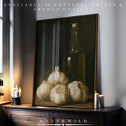 The "Kitchen Still Life Print - Rustic Kitchen Art With Garlic And Olive Oil" is a vintage art photo featuring garlic and olive oil on a dark wood cabinet, available as archival quality prints and framed art from West & Wild Art Archive.