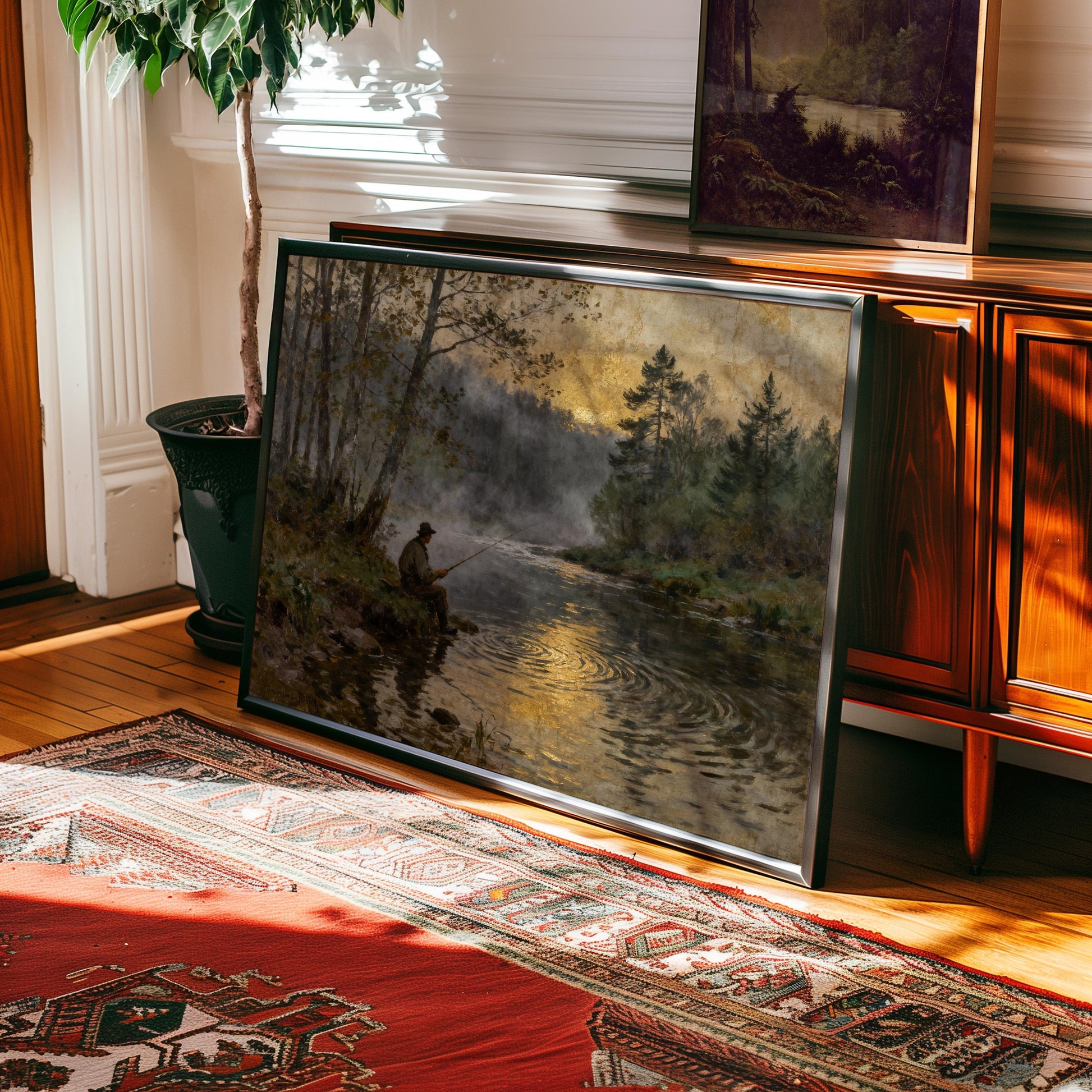 a large painting of a person fishing in a river, surrounded by trees and a misty atmosphere. The painting is displayed on a wooden cabinet, and there is a rug on the floor in the foreground.