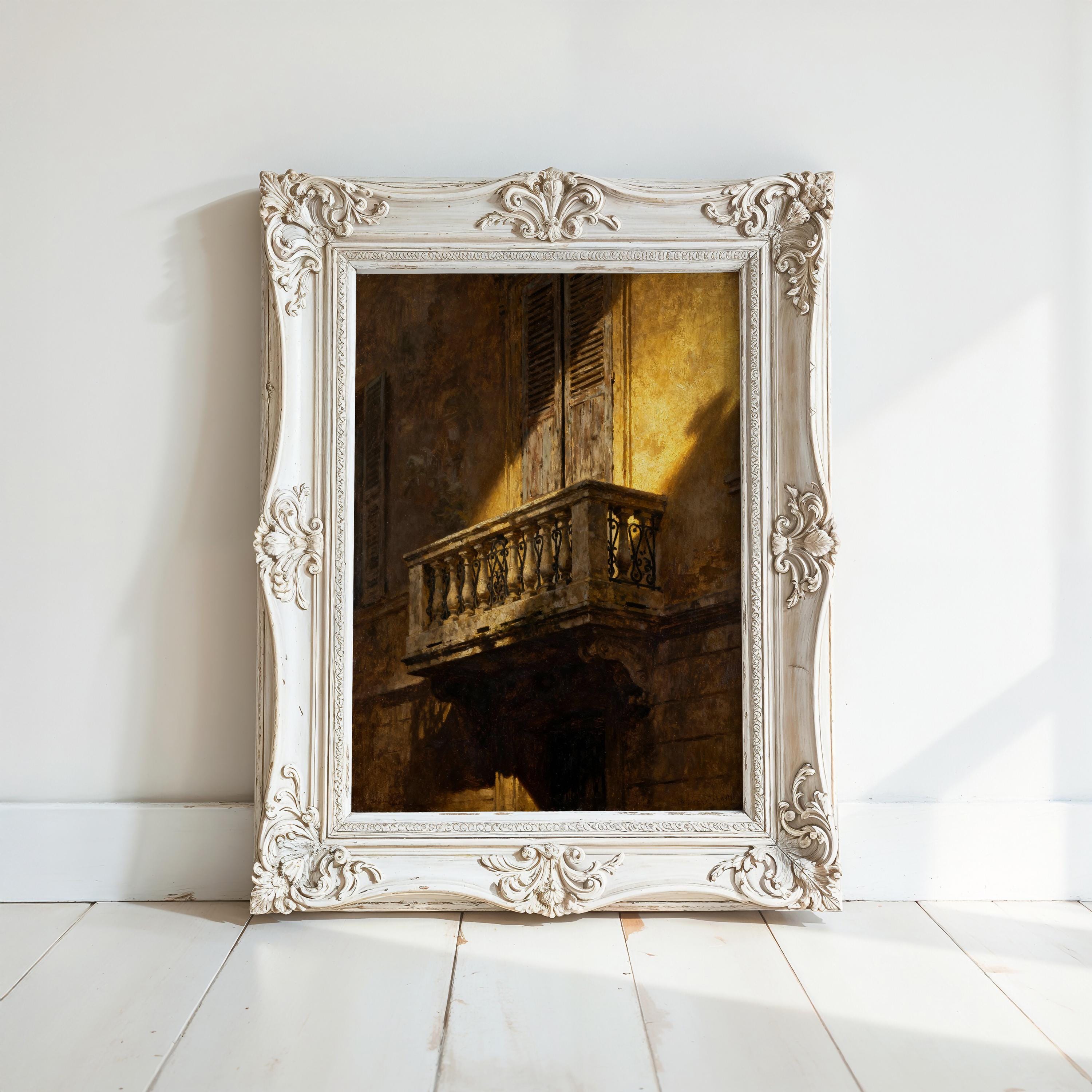 a white ornate frame with a painting of a balcony in the background, set against a white wall.