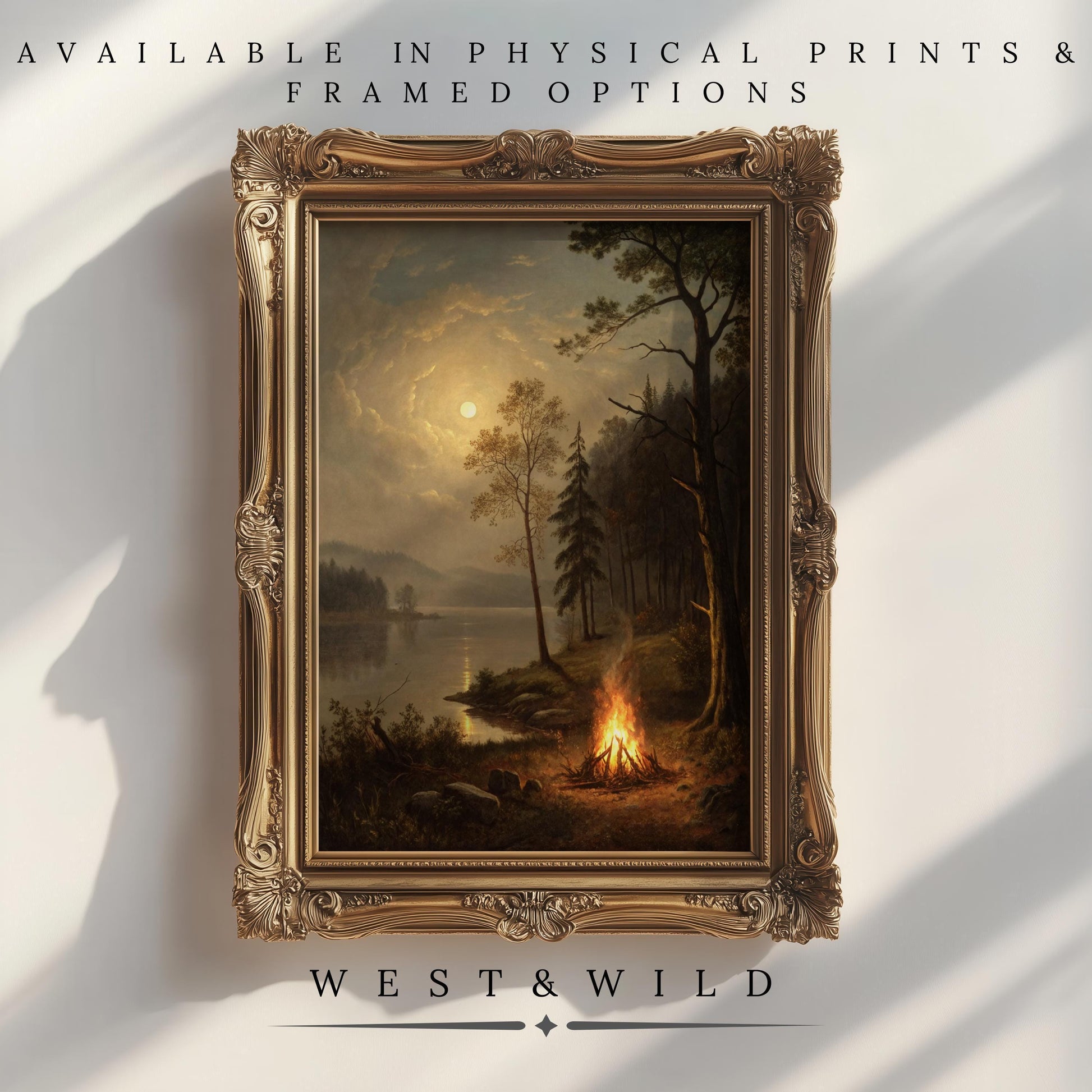 A framed "Vintage Camping Wall Print" features a moonlit forest, glowing campfire, and tall trees at night. Available as physical prints and framed art from the West & Wild Art Archive.
