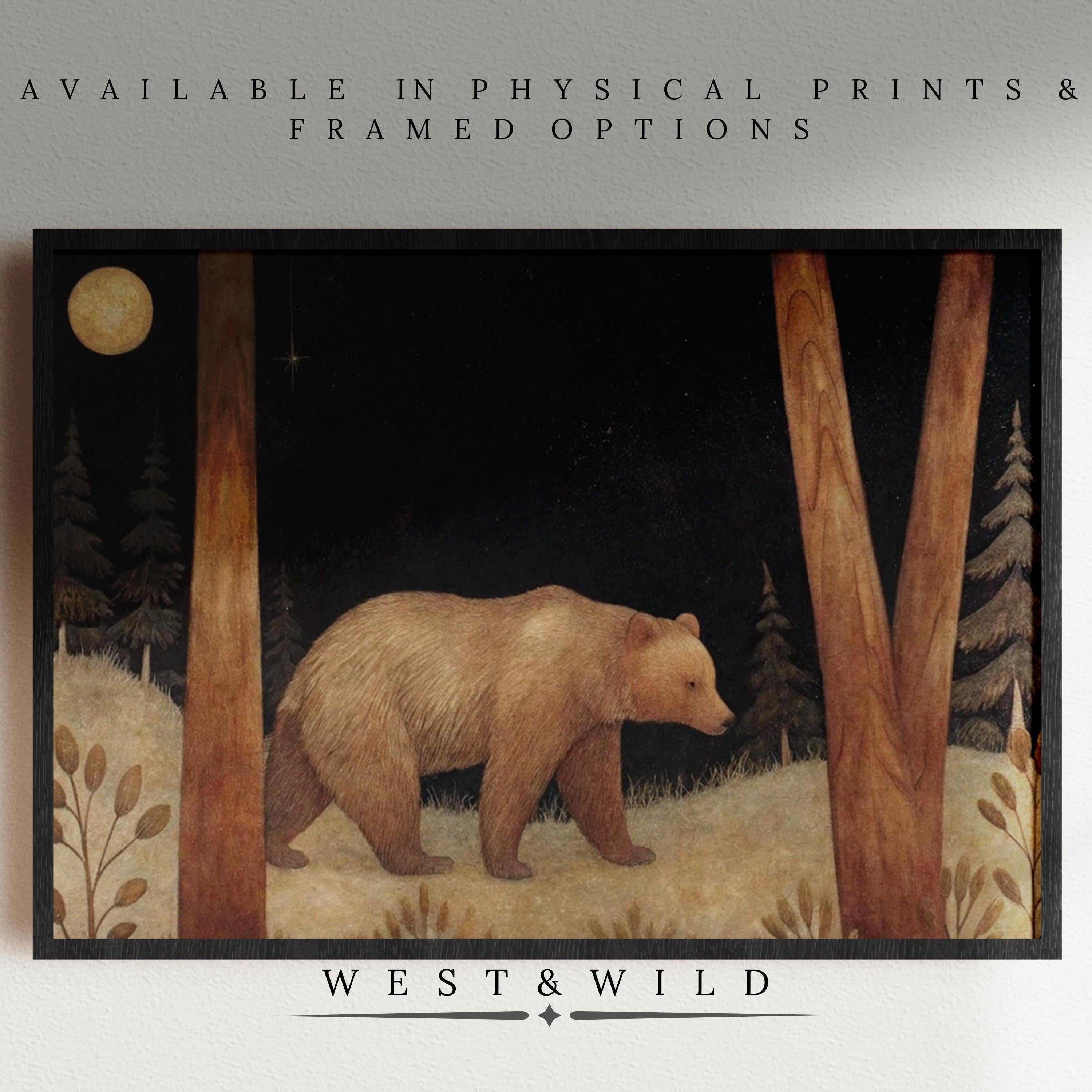 This Vintage Bear Art Print - Moonlit Forest Scene shows a brown bear walking at night under a full moon, surrounded by trees. Rustic wall decor for bear lovers. Available as vintage art prints & framed art from West & Wild Art Archive.