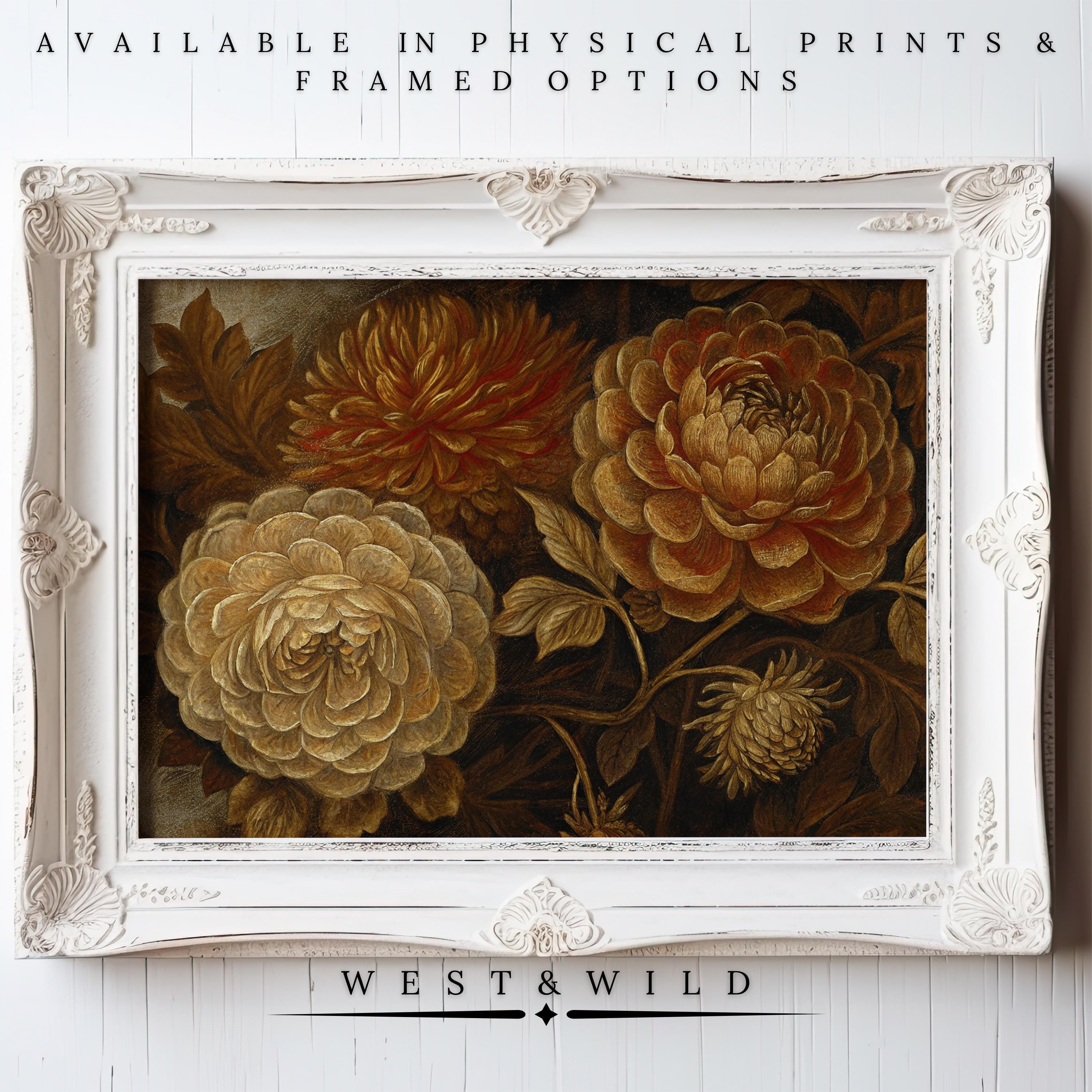 The Golden Chrysanthemum Painting – Ochre Floral Print features warm amber botanical art in a vintage style, displayed in a white frame. Archival quality prints and framed options available from West & Wild Art Archive.