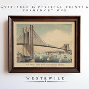 A framed archival print of the Brooklyn Bridge over the East River, with sailboats. From West & Wild Art Archive. Available as physical or framed prints. Product: Brooklyn Bridge Painting – Vintage East River Prints | Antique New York Art.
