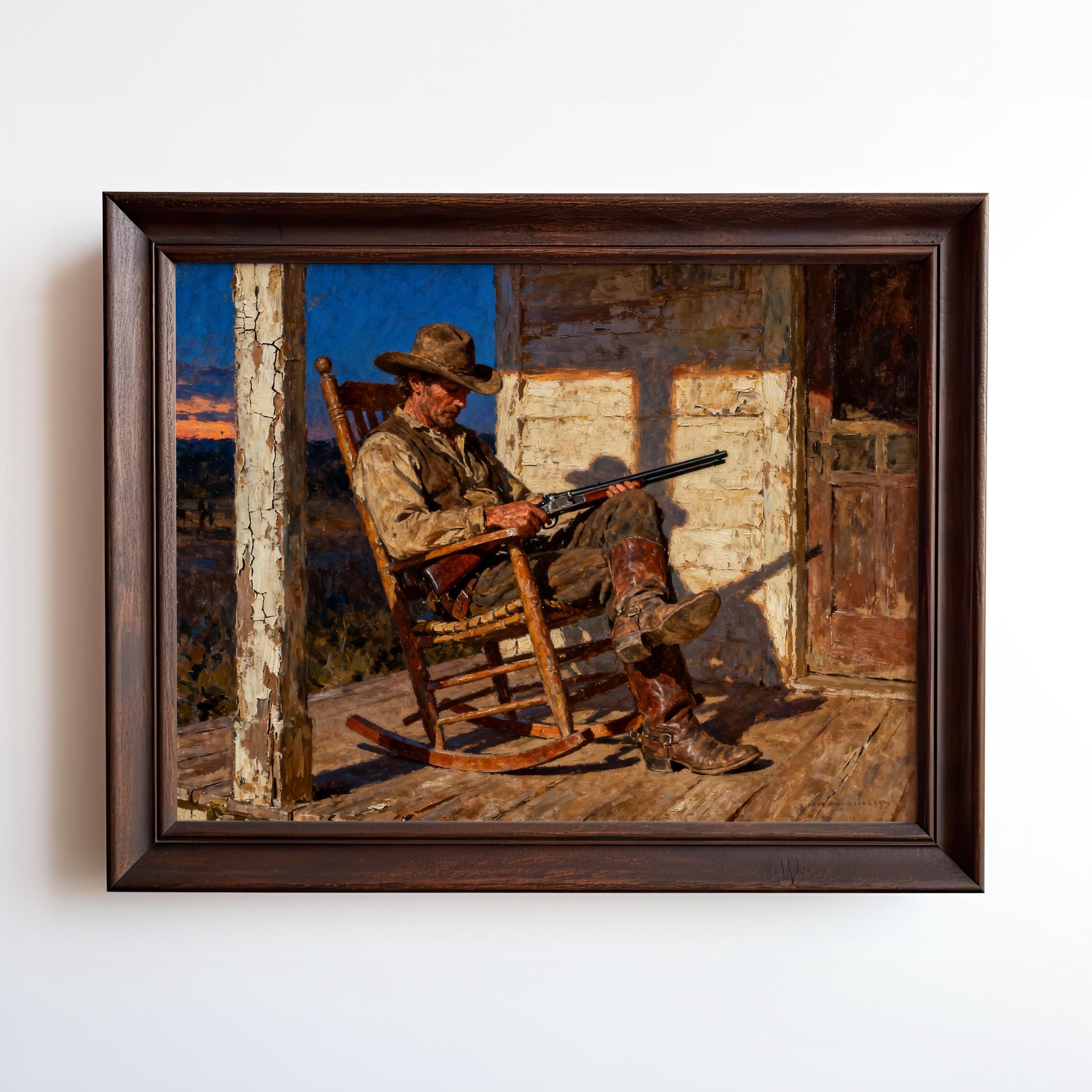 A painting of a cowboy sitting in a rocking chair, holding a rifle, with a wooden porch and a sunset in the background.