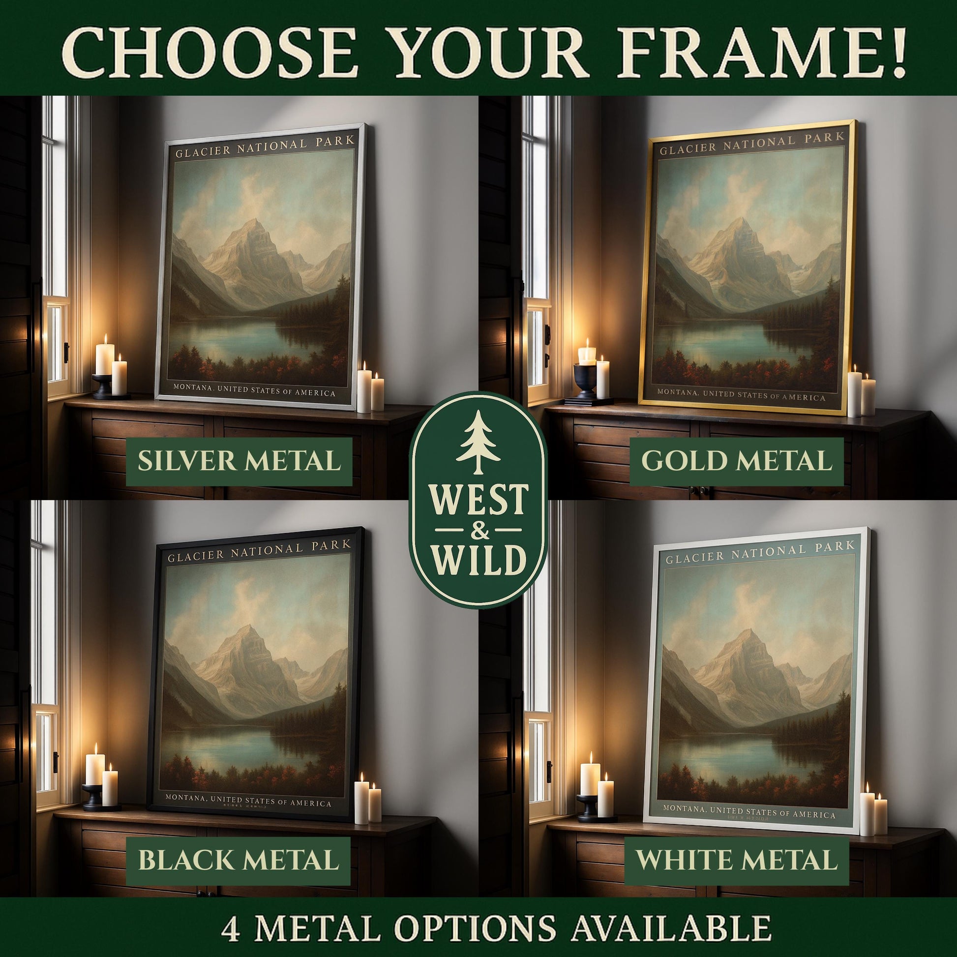 Four “Vintage Wildlife Art Print – Red Fox Wall Art” posters with silver, gold, black, and white metal frames are displayed on shelves. Lit candles and plants add a rustic touch. Text: “Choose Your Frame! 4 Metal Options Available.”.