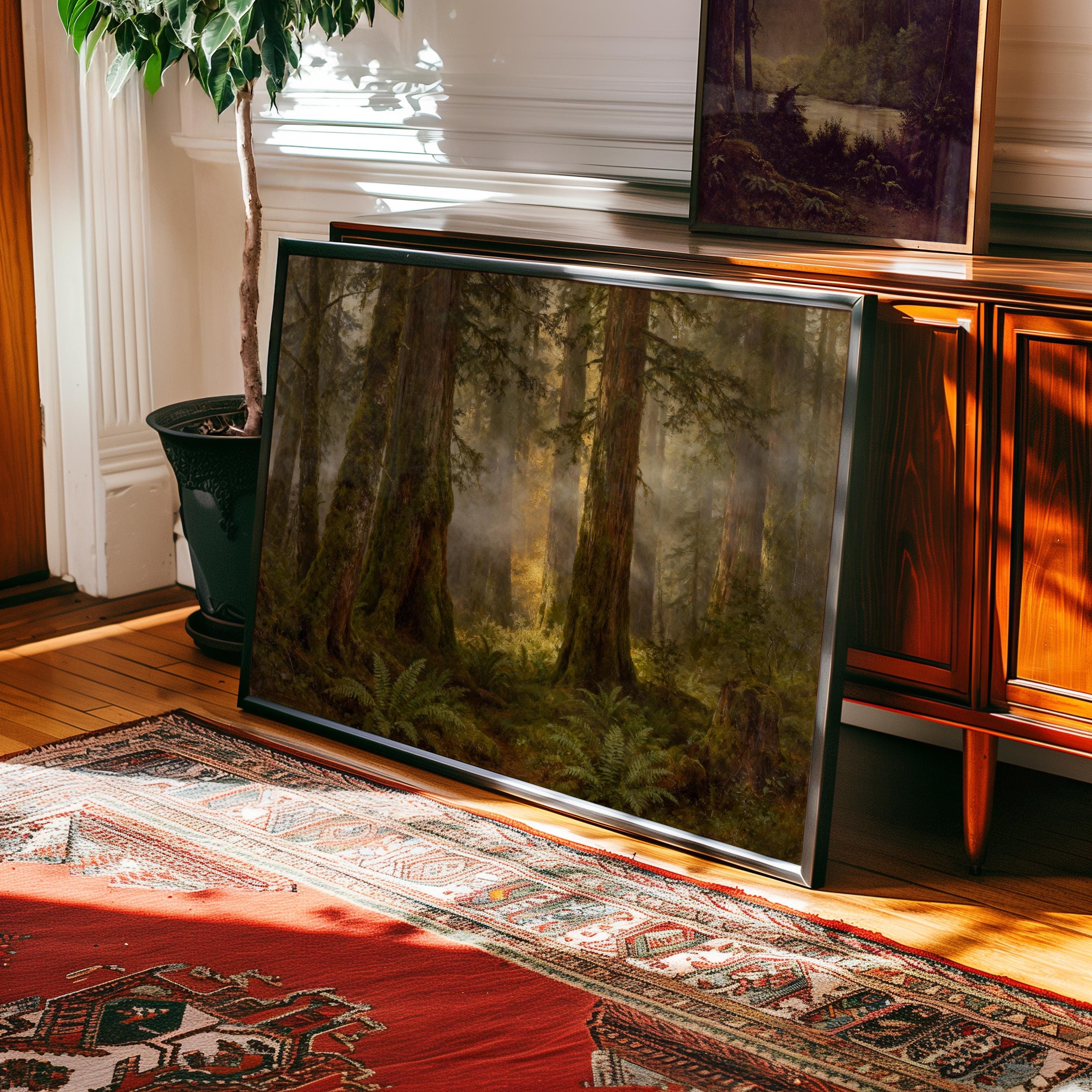 a large framed painting of a forest scene, with a lush, verdant landscape and towering trees. The painting is displayed on a wooden cabinet, and a red and white patterned rug is visible underneath it.