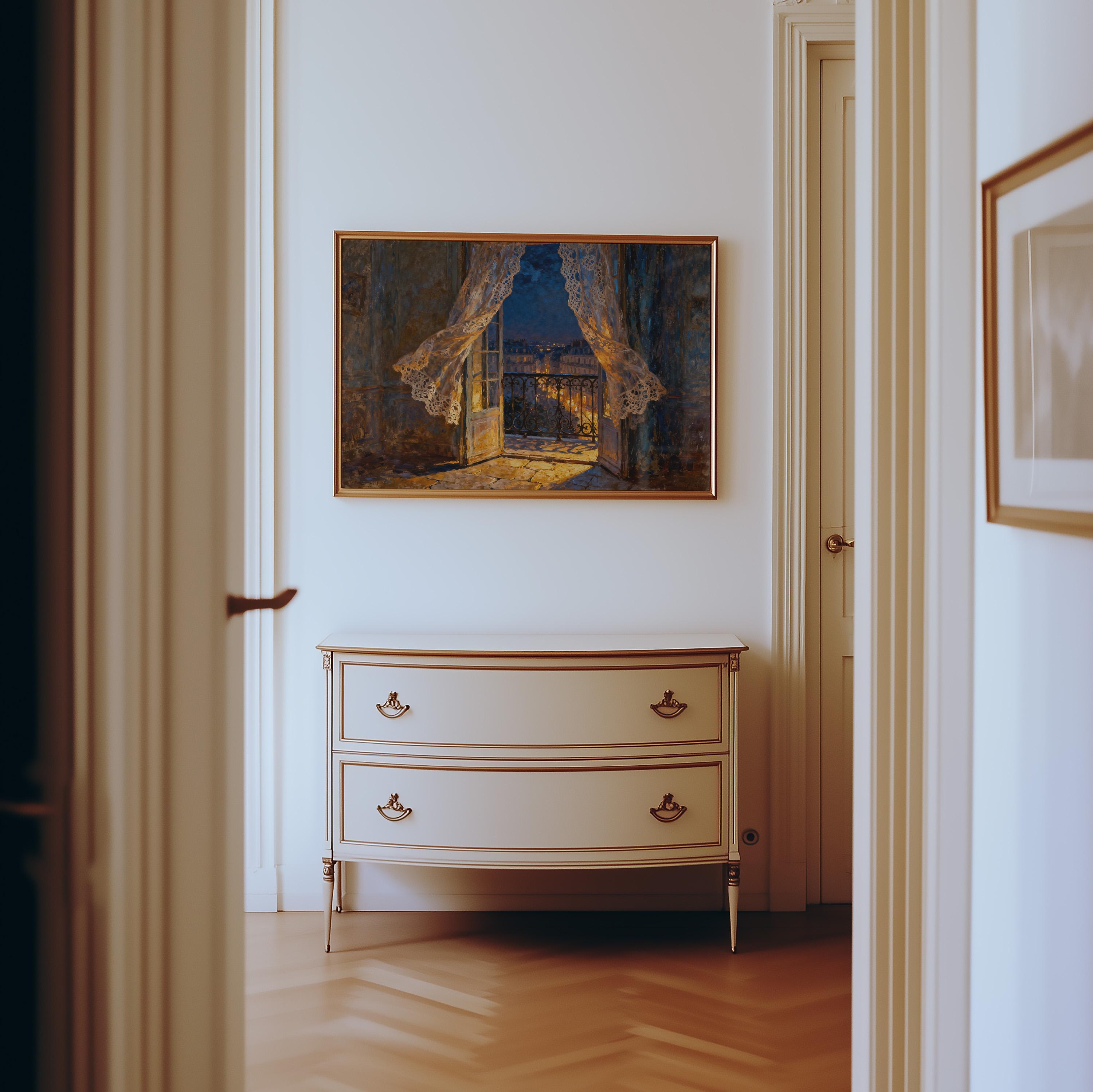 a hallway with a white dresser and a framed painting of a doorway with curtains hanging above it.