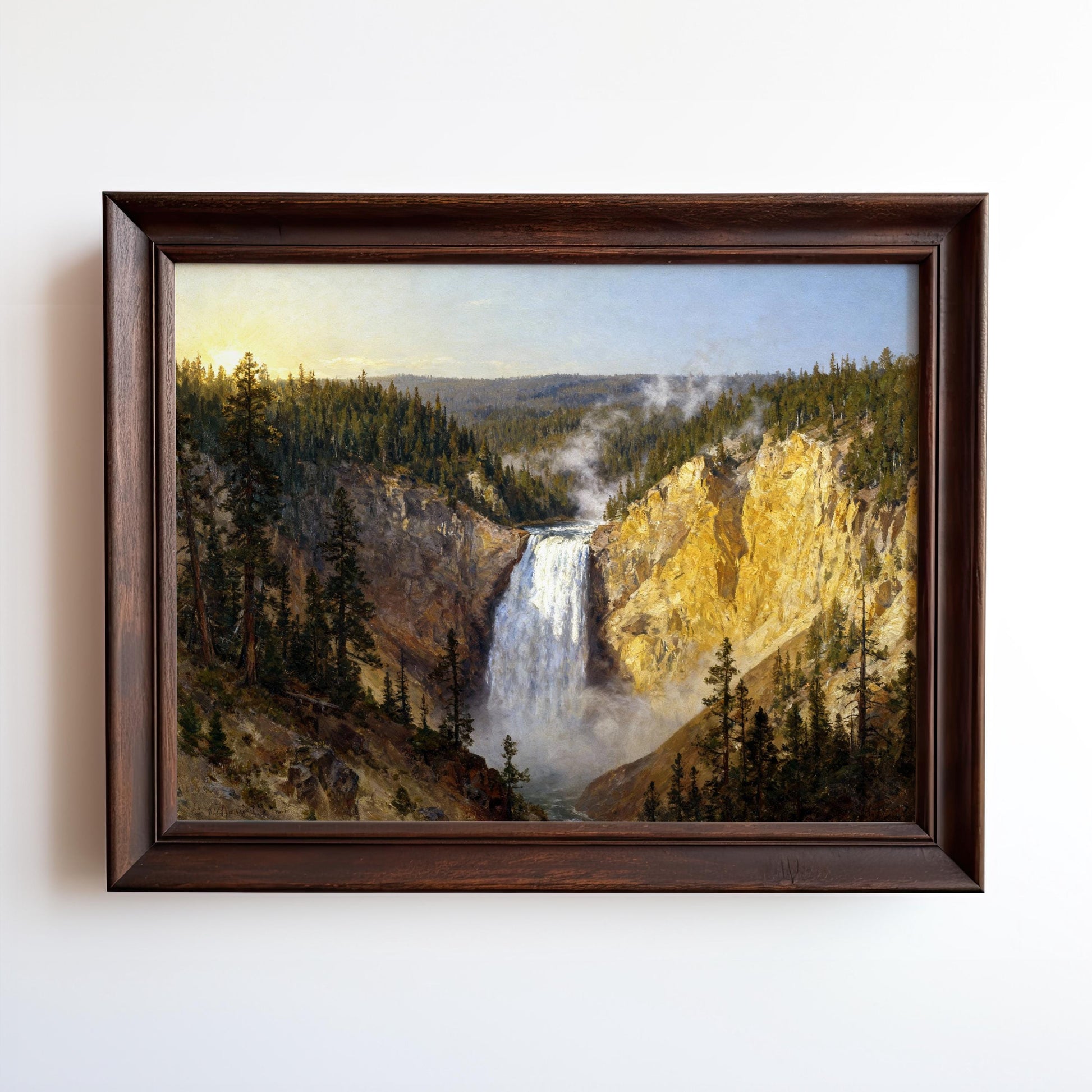 The image is a framed painting depicting a scenic waterfall surrounded by a forested landscape.