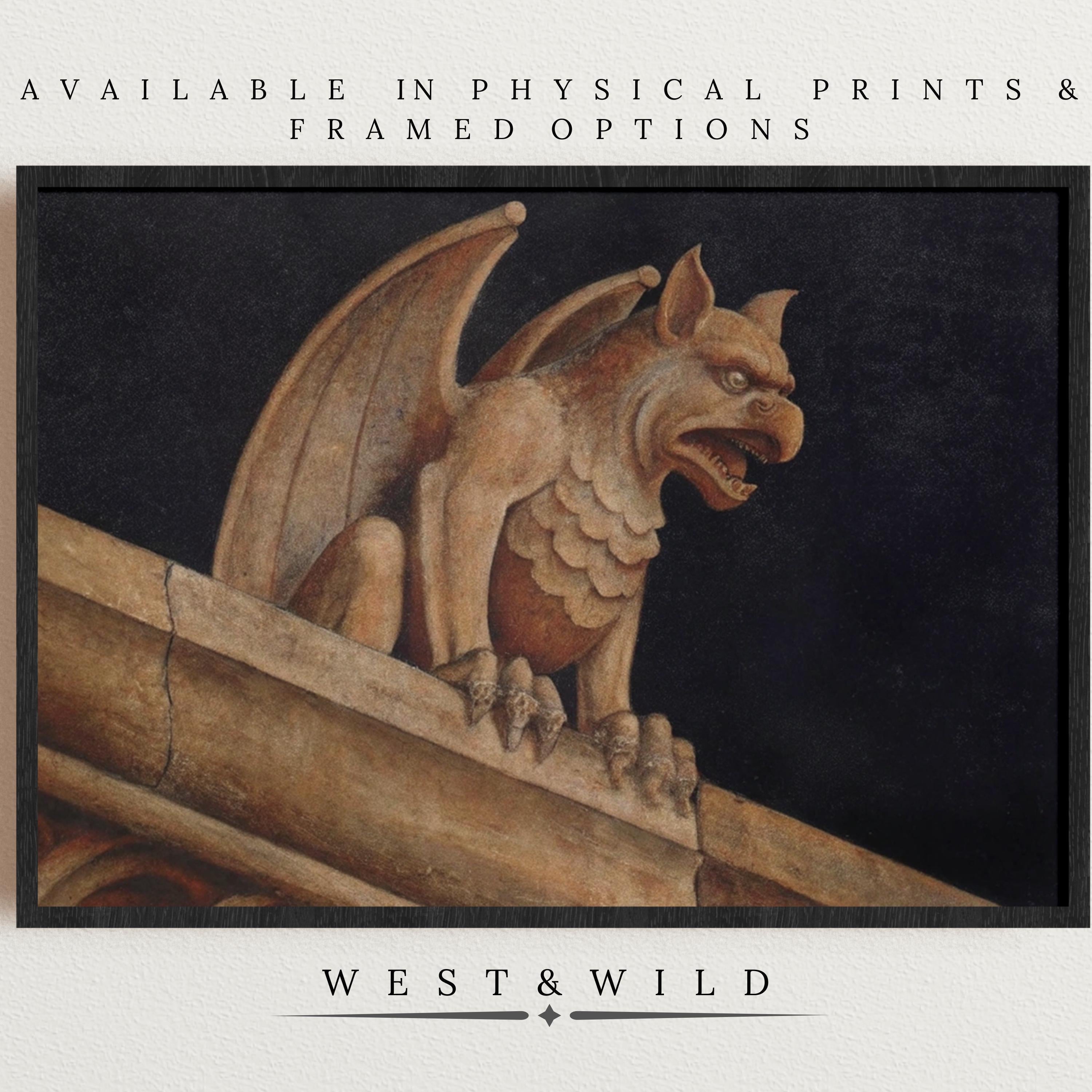 A detailed winged gargoyle illustration on a stone building with a dark background, featuring text above and below promoting the Vintage Gargoyle Art Print—Gothic Architectural Wall Decor with frame options by Vintage Art Prints. Archival quality guaranteed.
