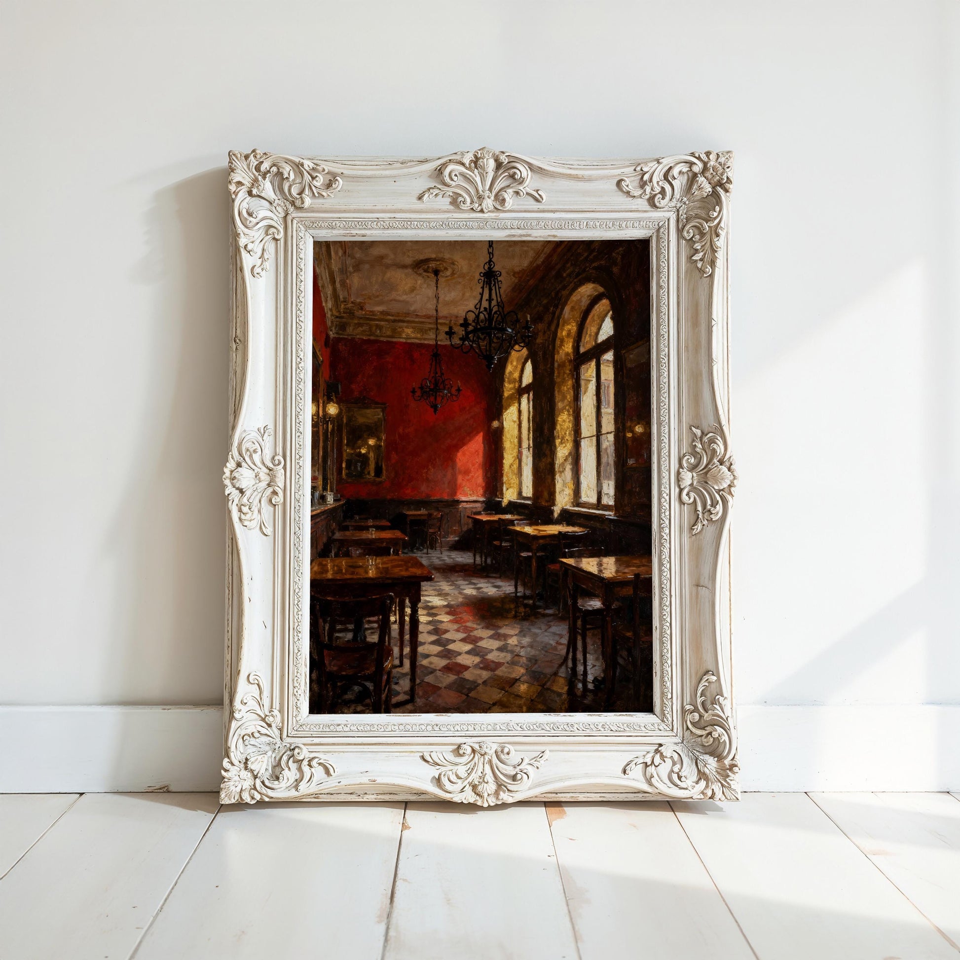 The European Café Art Print features a vintage interior with warm light and red walls—an elegant framed art piece from the West & Wild Art Archive, perfect for adding classic charm to your space.
