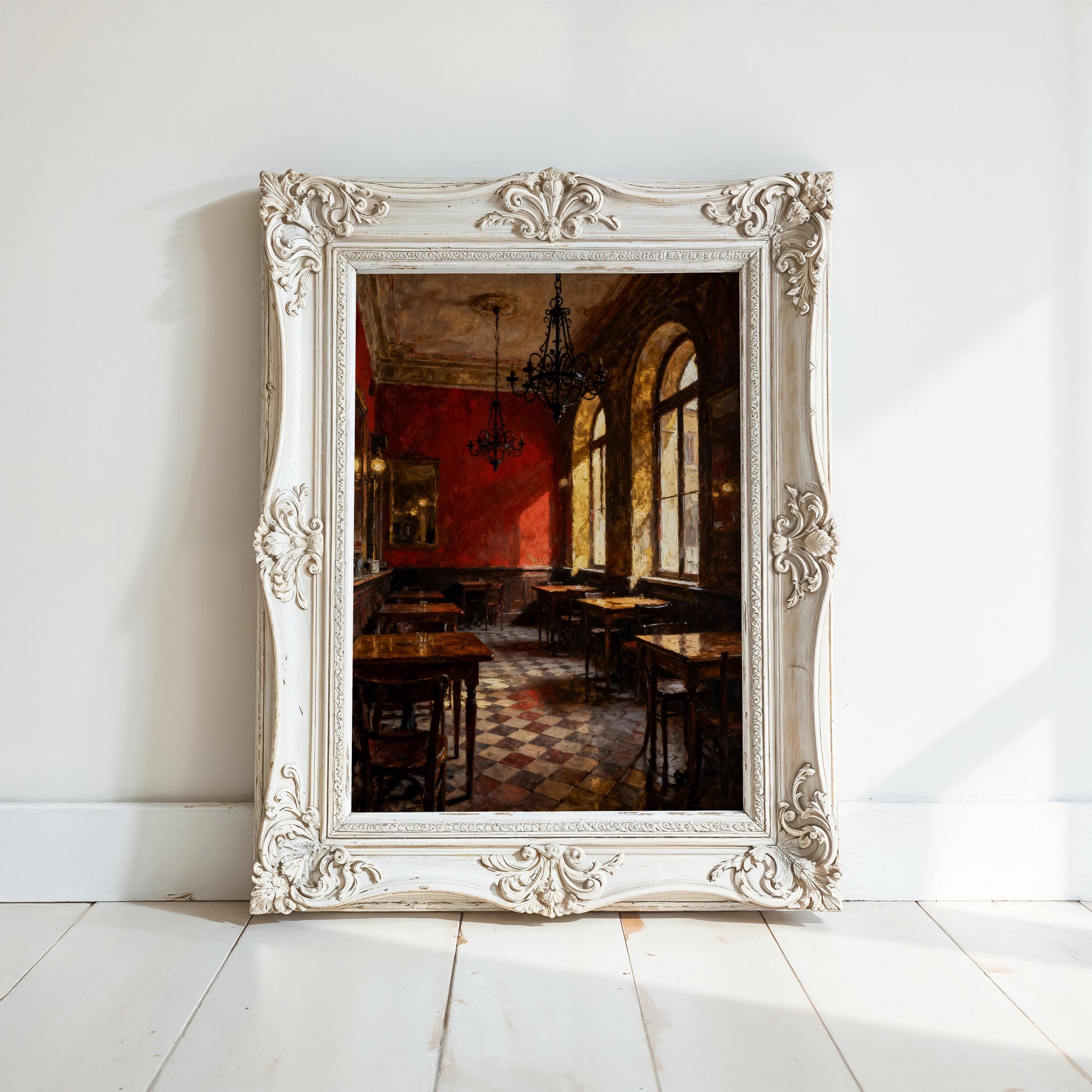 The European Café Art Print features a vintage interior with warm light and red walls—an elegant framed art piece from the West & Wild Art Archive, perfect for adding classic charm to your space.