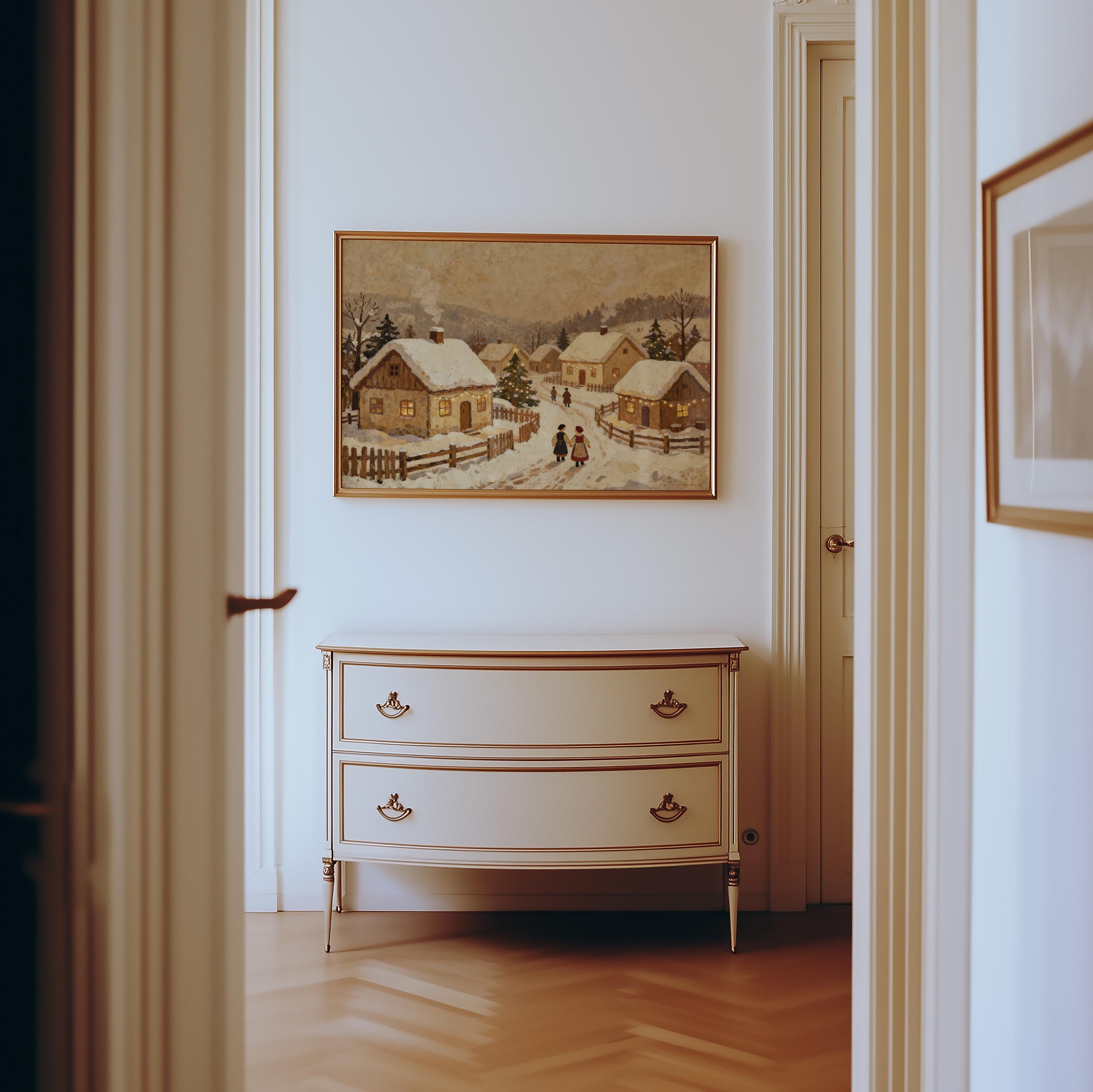 A bright hallway with light walls, a white dresser with gold handles, and the Vintage Holiday Wall Art – Snowy Village Christmas Print on Matte Paper with Frame Options hanging above the dresser.