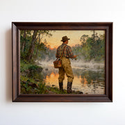 A man in a plaid shirt and hat stands on the bank of a river, holding a fishing rod and gazing out at the water.