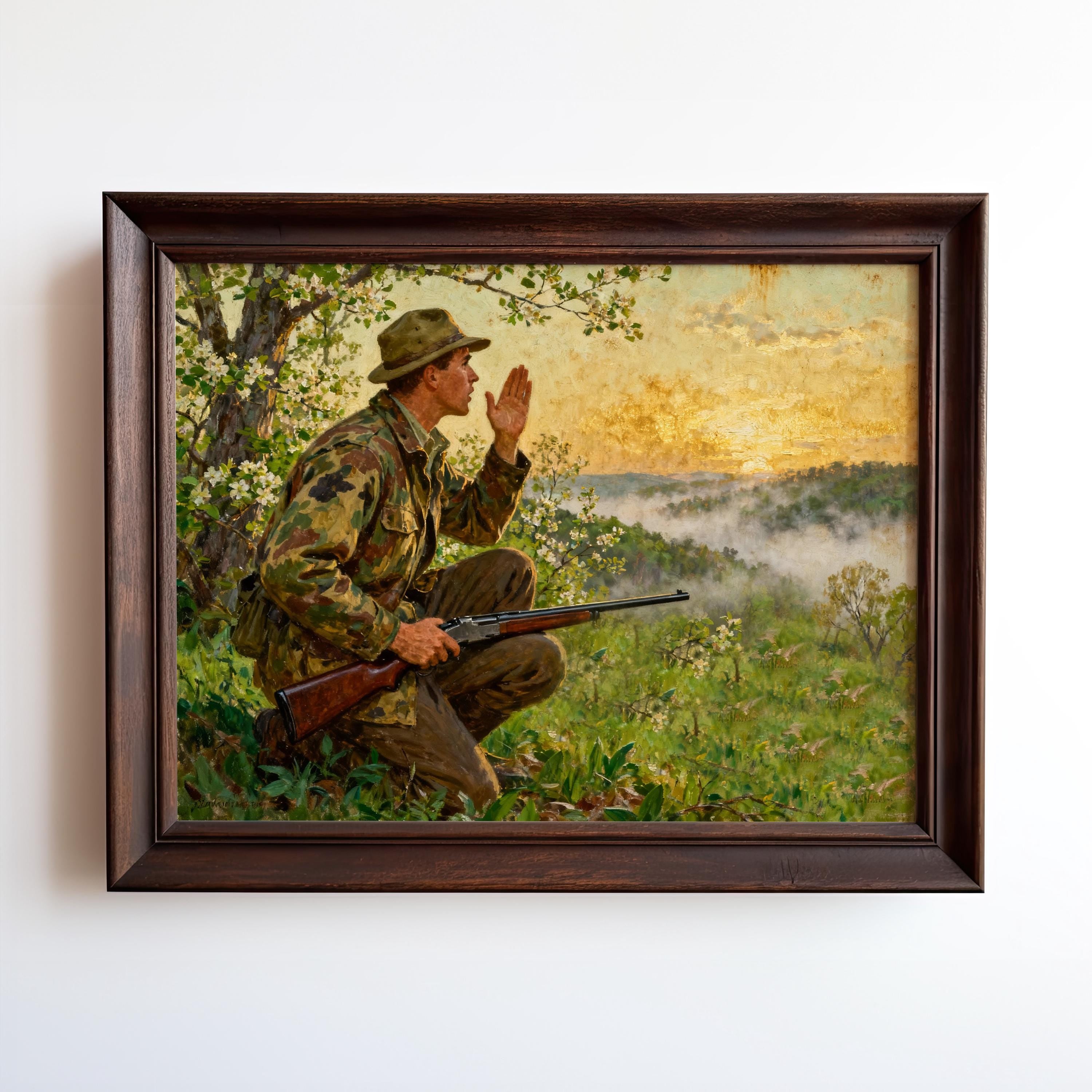 A painting of a man in camouflage clothing holding a rifle, standing in a field with trees and a sunset in the background.