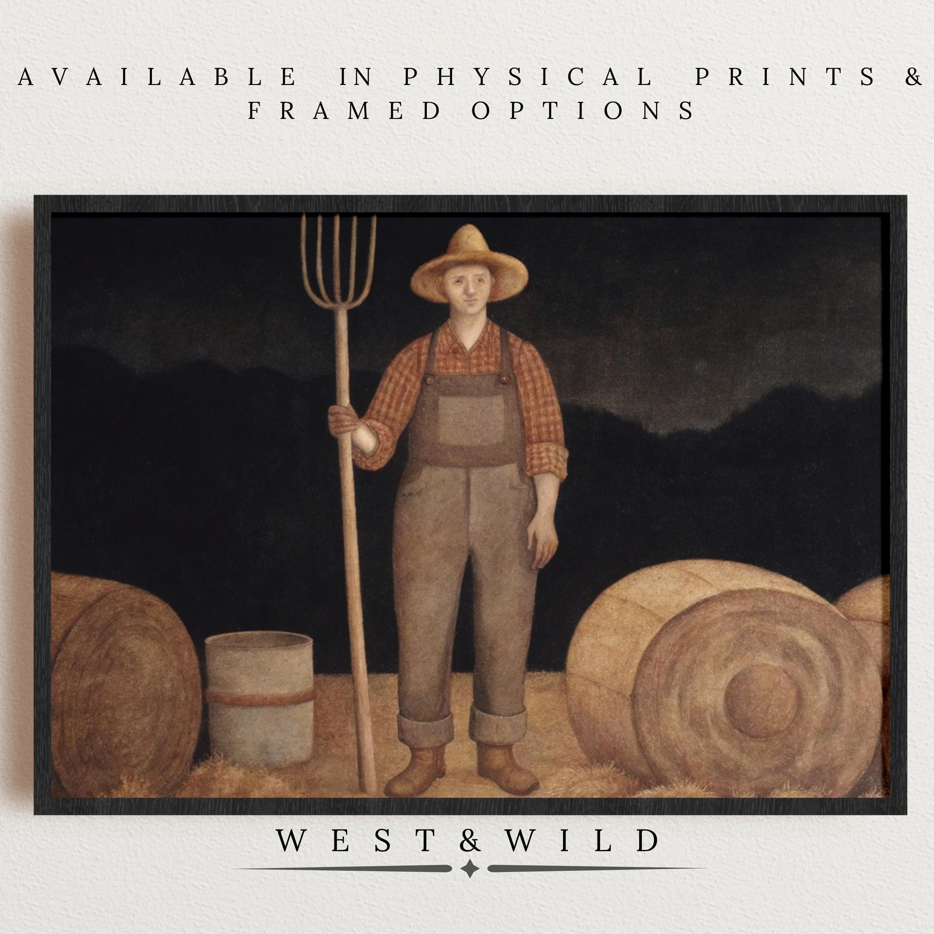 A farmer in hat and overalls stands among hay bales under a dark sky. Vintage Farmer Art Print – Rustic Farmhouse Wall Decor, available as a vintage art print or framed. WEST & WILD Art Archive—archival quality options.