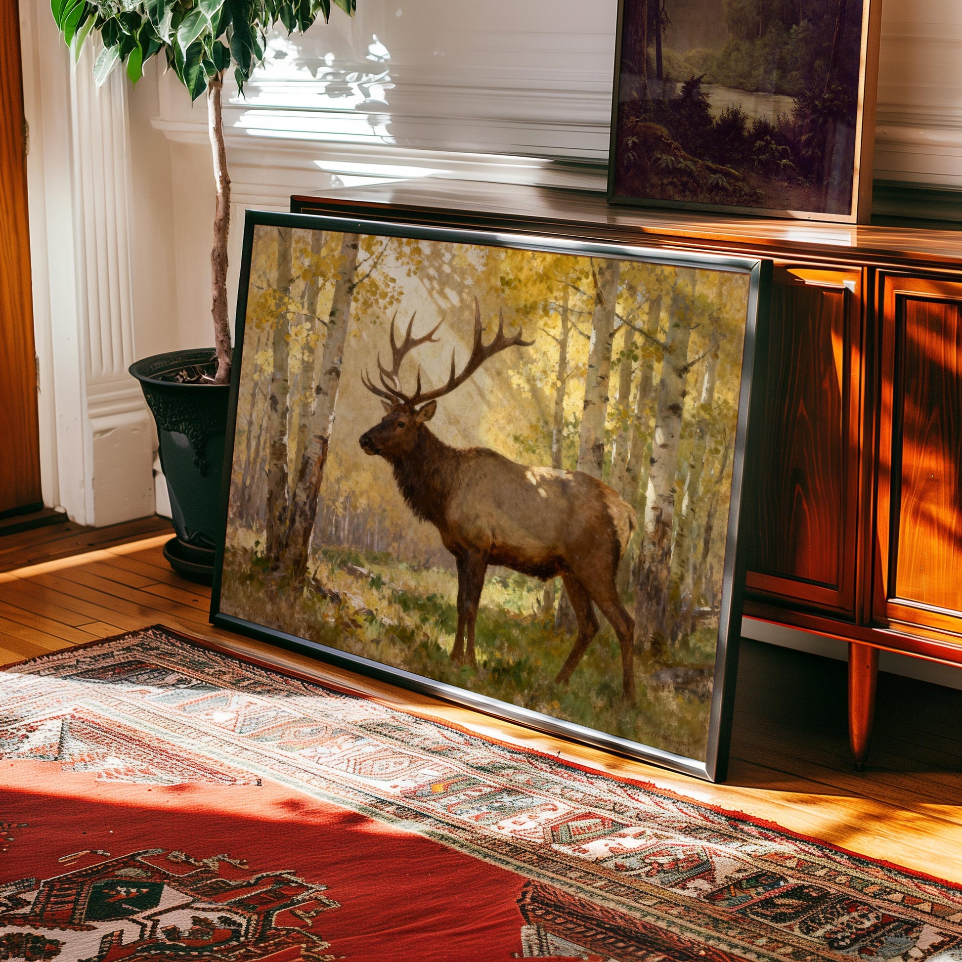 a large painting of a deer standing in a forest, with a wooden cabinet and a rug in the foreground.