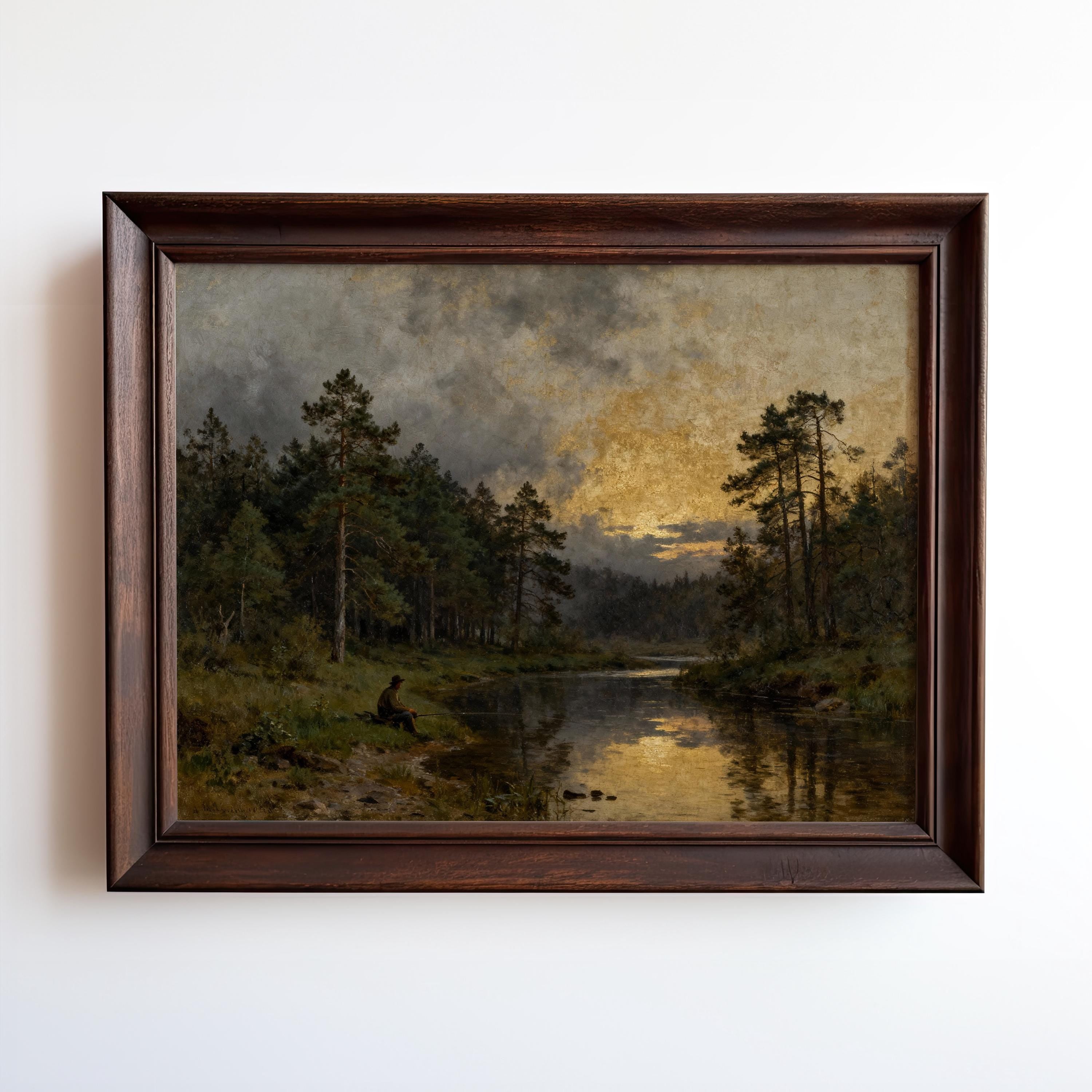 The image is a painting depicting a serene landscape with a person sitting by a river, surrounded by trees and a cloudy sky.
