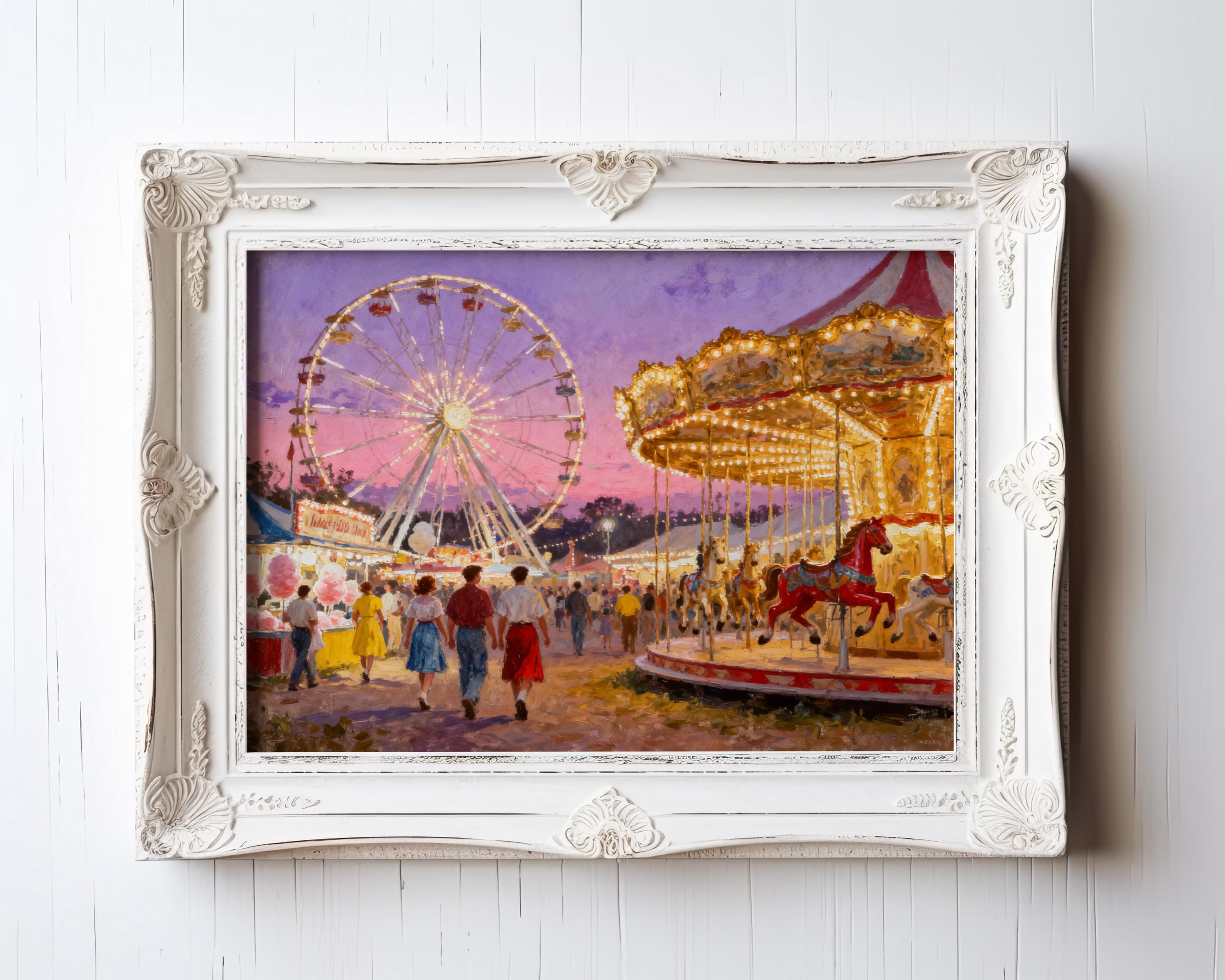 The Vintage County Fair Print, a retro carnival poster featuring a Ferris wheel, is displayed framed on a white wall; this vintage art print from West & Wild Art Archive adds nostalgic charm to any space.