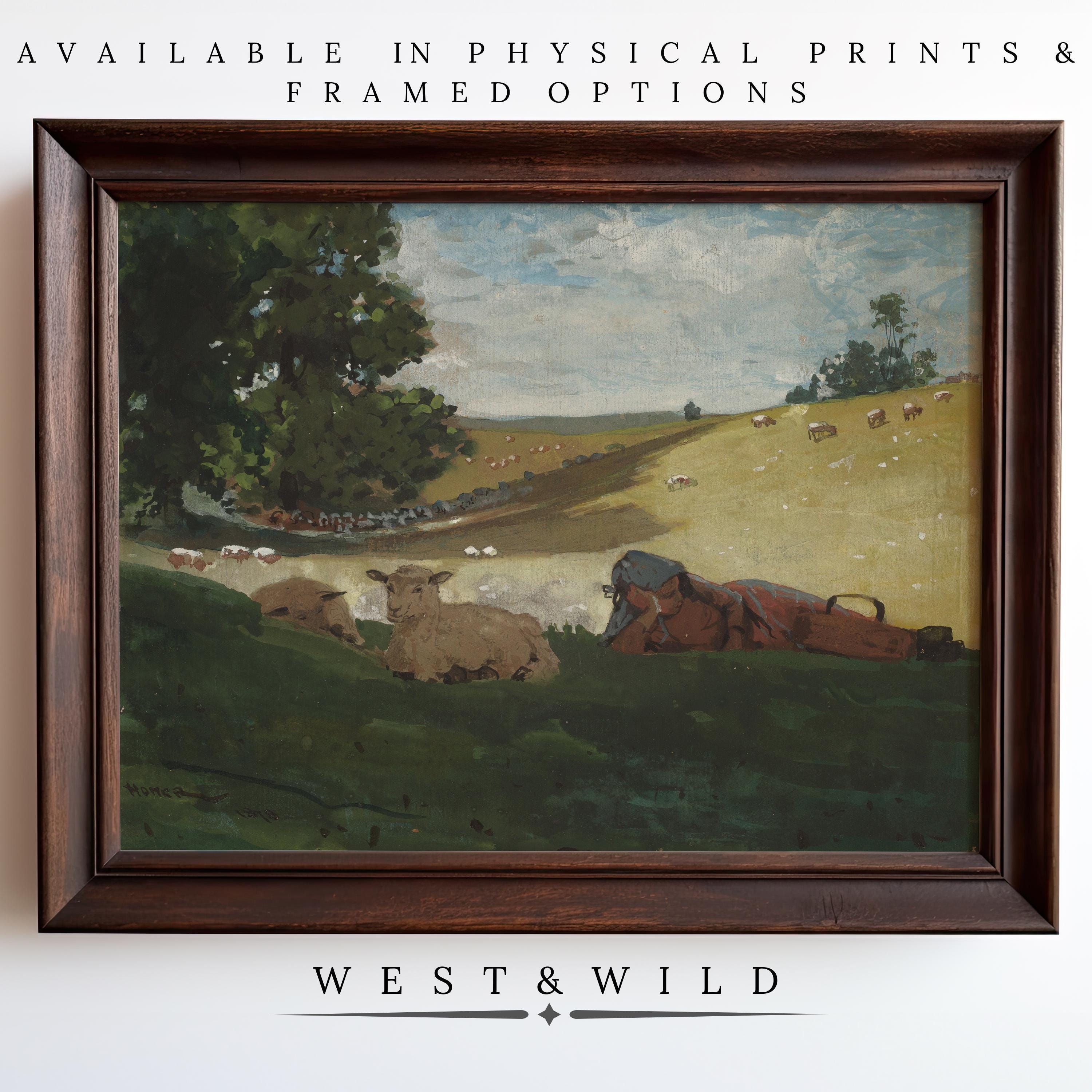 Framed Victorian Landscape Wall Art featuring a person in red lying among sheep in a green pasture. Available as physical prints and farmhouse decor framing options from West & Wild.