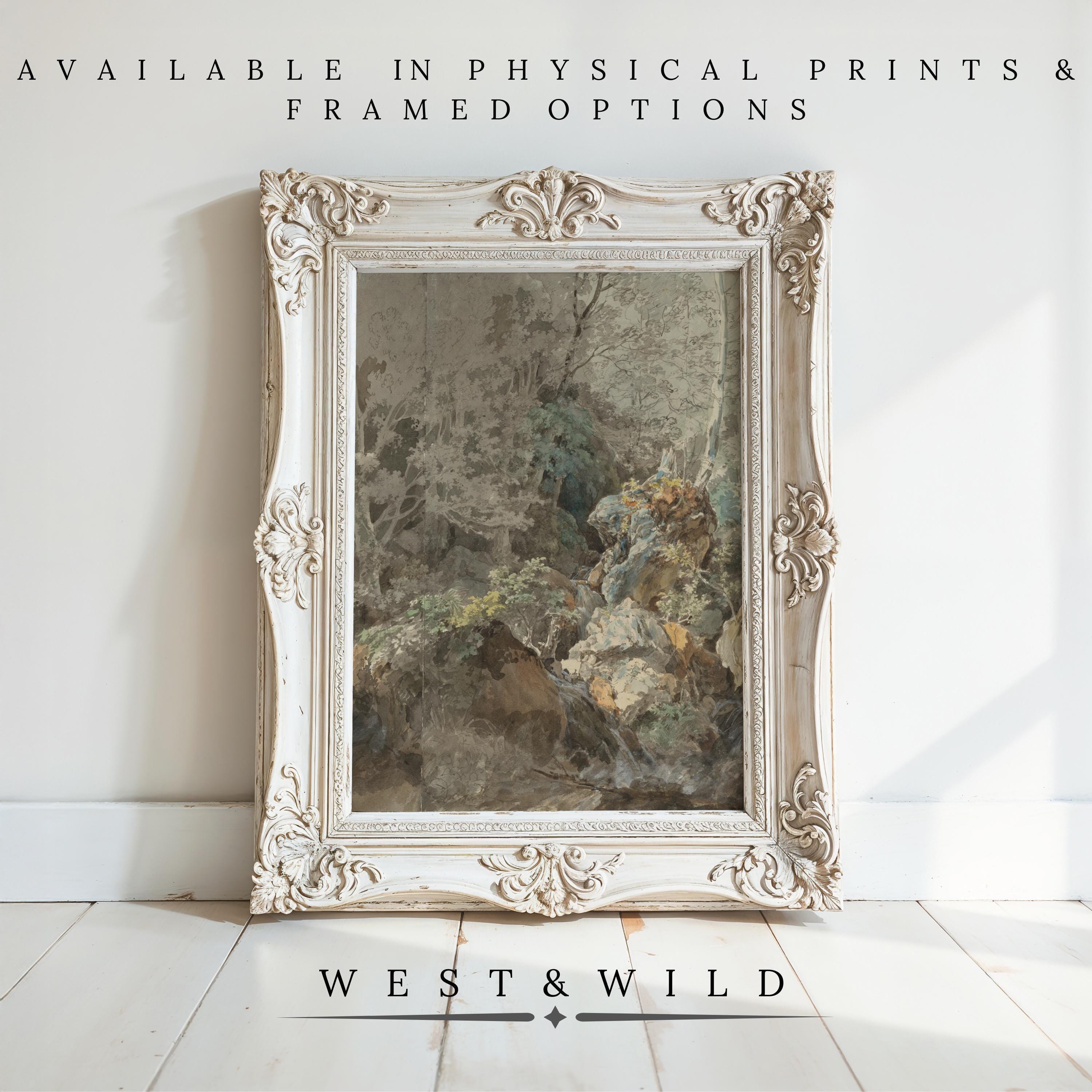 A Vintage Watercolor Painting - Classic Wall Art | Pastel Forest Art Framed Print hangs on a white wall above a light wood floor. Available as archival quality prints & framed art from West & Wild Art Archive.