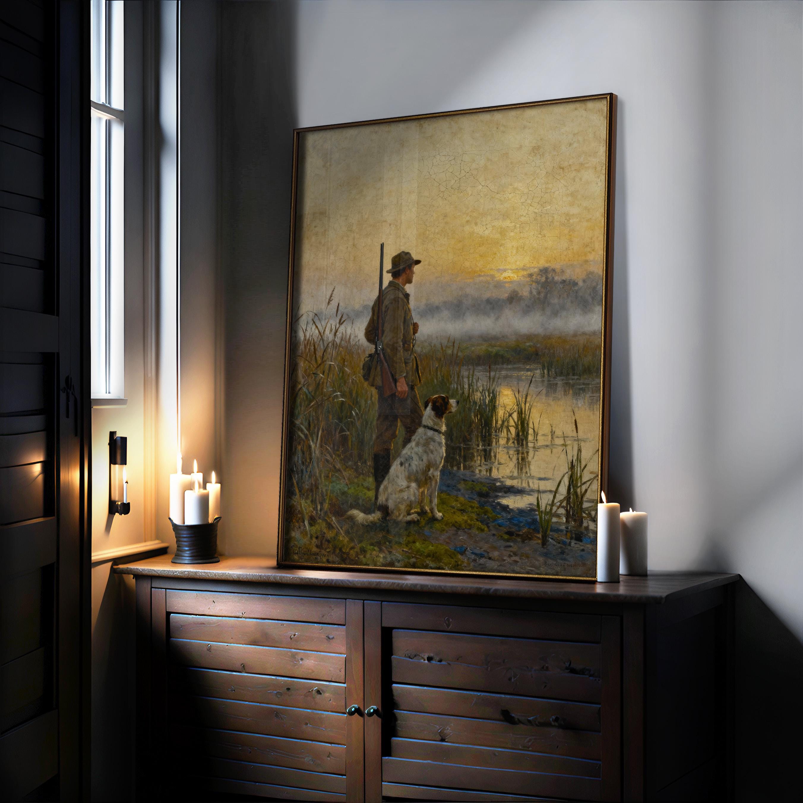 a painting of a man with a dog in a field, with a candlelit scene in the background.