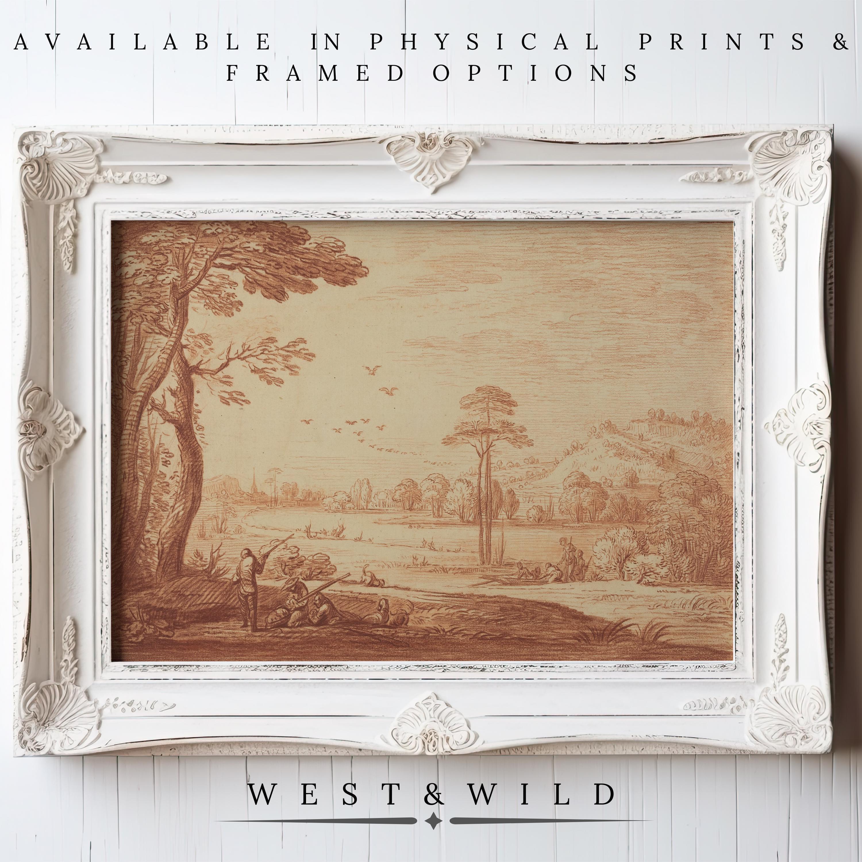 A sepia-toned landscape of duck hunting with dogs is shown in an ornate white frame. Text above reads Available in physical prints & framed options. Below: Duck Hunting Art - Vintage Hunting Prints With Dogs | Rustic Cabin Wall Decor.