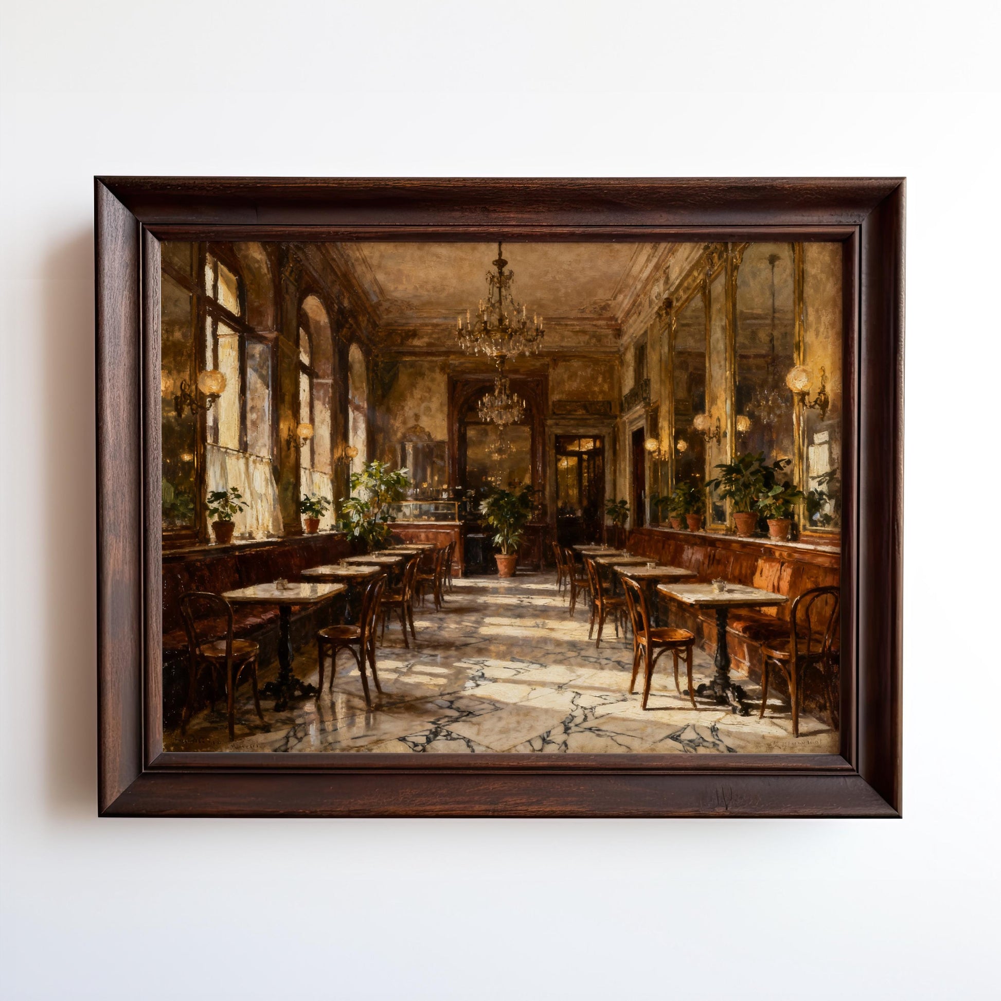The Vintage European Cafe Print by West & Wild Art Archive features marble floors, warm light, chandeliers, and elegant décor in archival-quality framed art—perfect for bringing classic charm to your space.