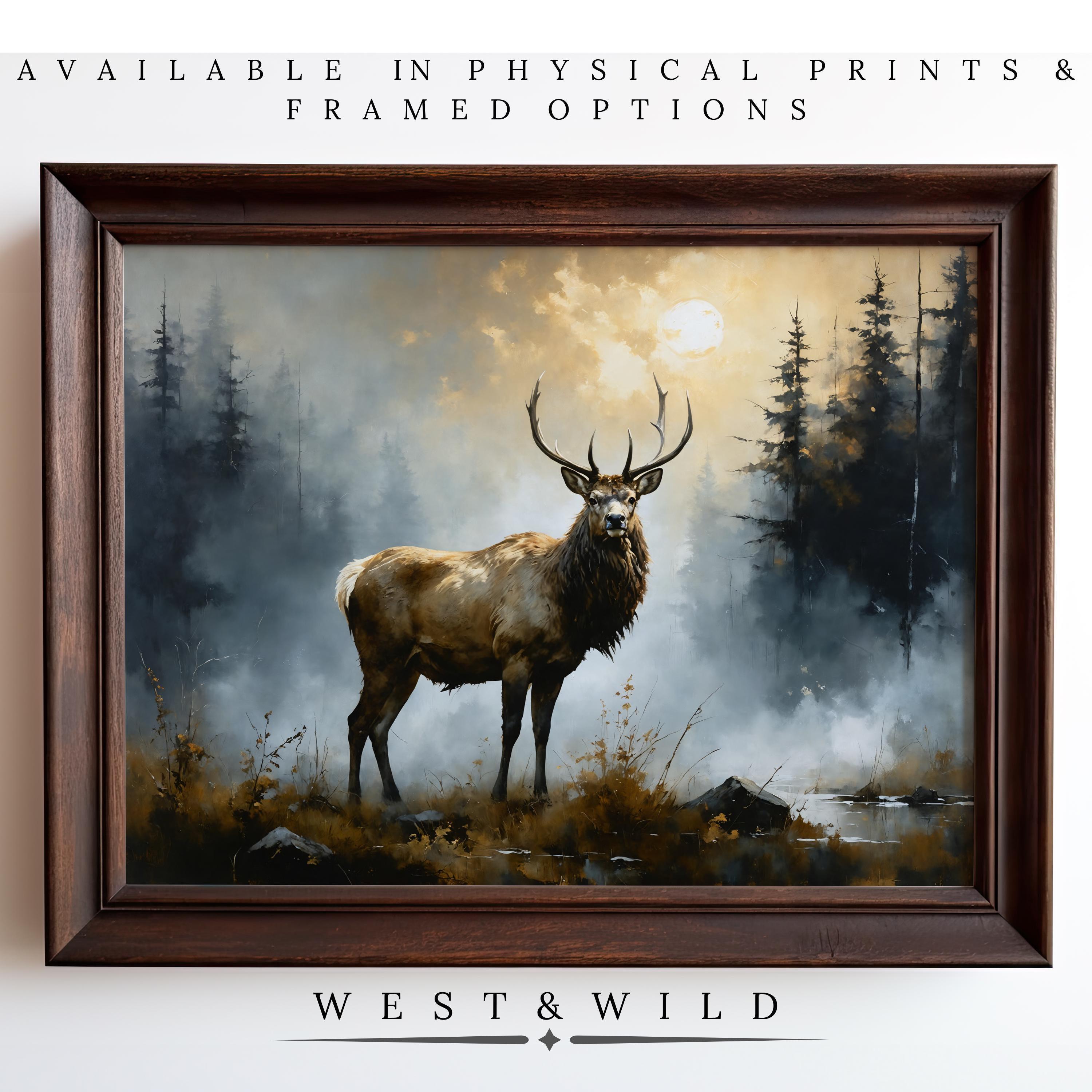 Discover the "Elk Forest Oil Painting"—a vintage stag art print featuring a misty forest and pond under cloudy skies. Available as archival-quality prints or framed art from the West & Wild Art Archive.