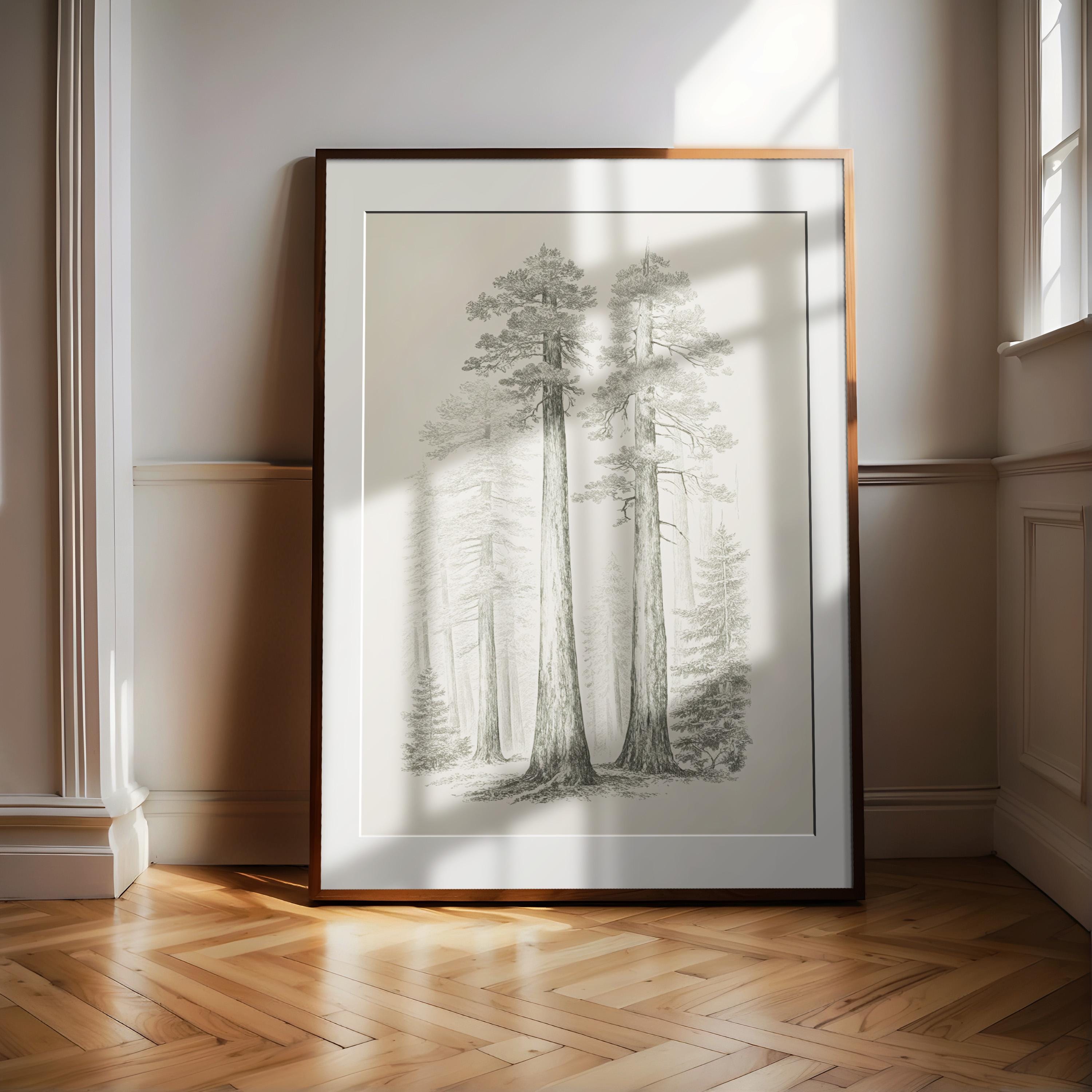 a large framed picture of a forest scene, with a focus on the trees and their shadows cast on the floor.