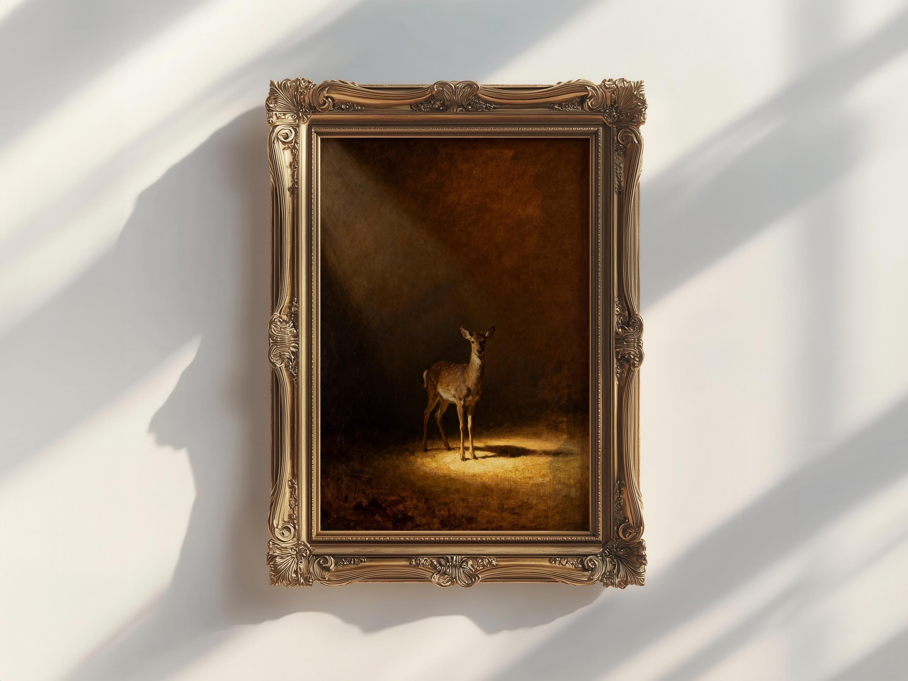a painting of a deer standing in a dark, shadowy environment, illuminated by a spotlight.