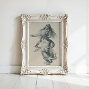 A Victorian Era Painting - Vintage Style Art Print, framed in an ornate white frame, features archival-quality pastel artwork of a woman in flowing robes, displayed on a white wall with sunlight and shadows for a classic touch.
