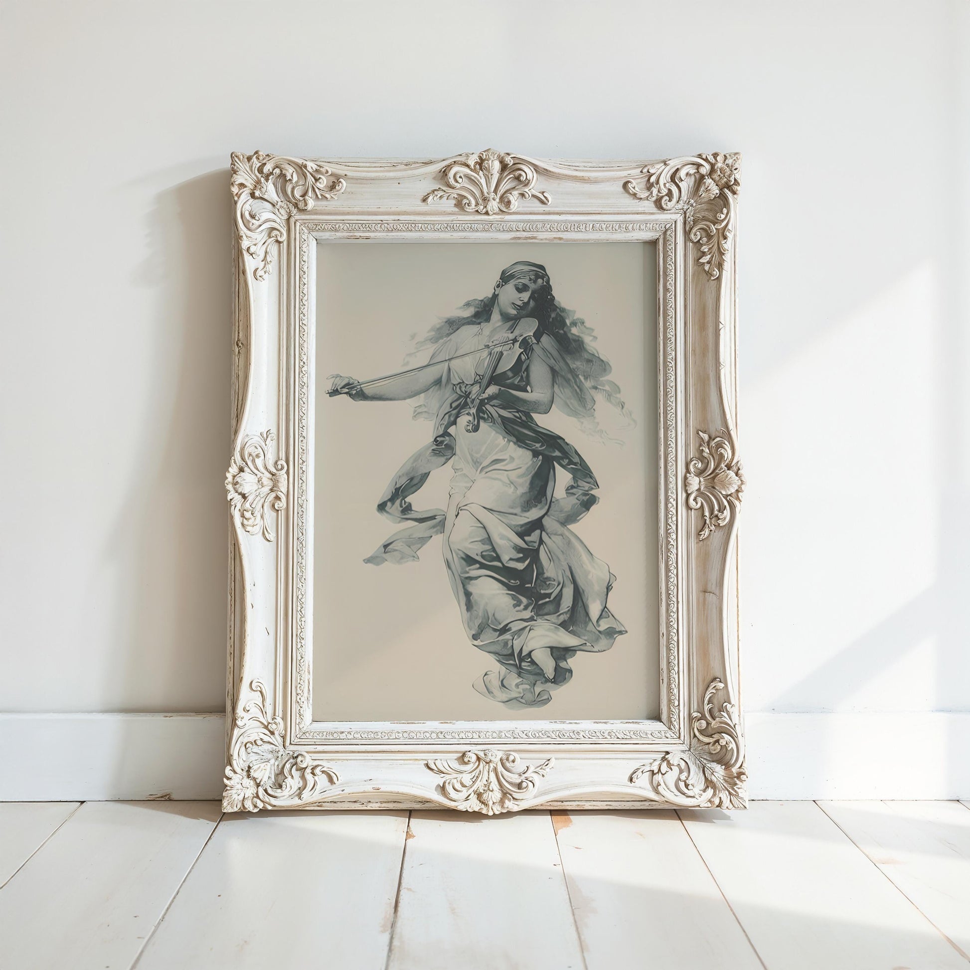 A Victorian Era Painting - Vintage Style Art Print, framed in an ornate white frame, features archival-quality pastel artwork of a woman in flowing robes, displayed on a white wall with sunlight and shadows for a classic touch.