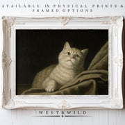 Vintage Cat Art Print – Cozy Feline Portrait on Soft Beige Fabric in a white frame, perfect vintage art or cat wall art for nurseries and cat lovers’ rooms.