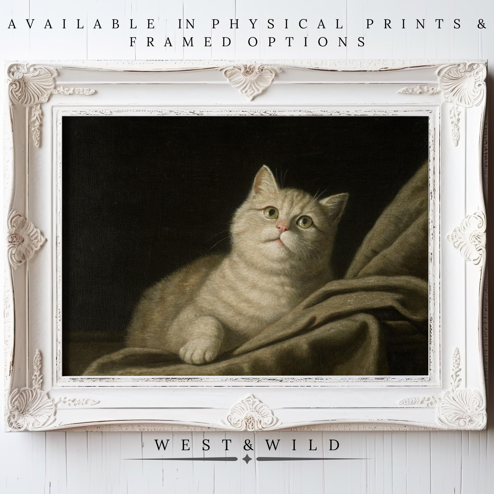 Vintage Cat Art Print – Cozy Feline Portrait on Soft Beige Fabric in a white frame, perfect vintage art or cat wall art for nurseries and cat lovers’ rooms.