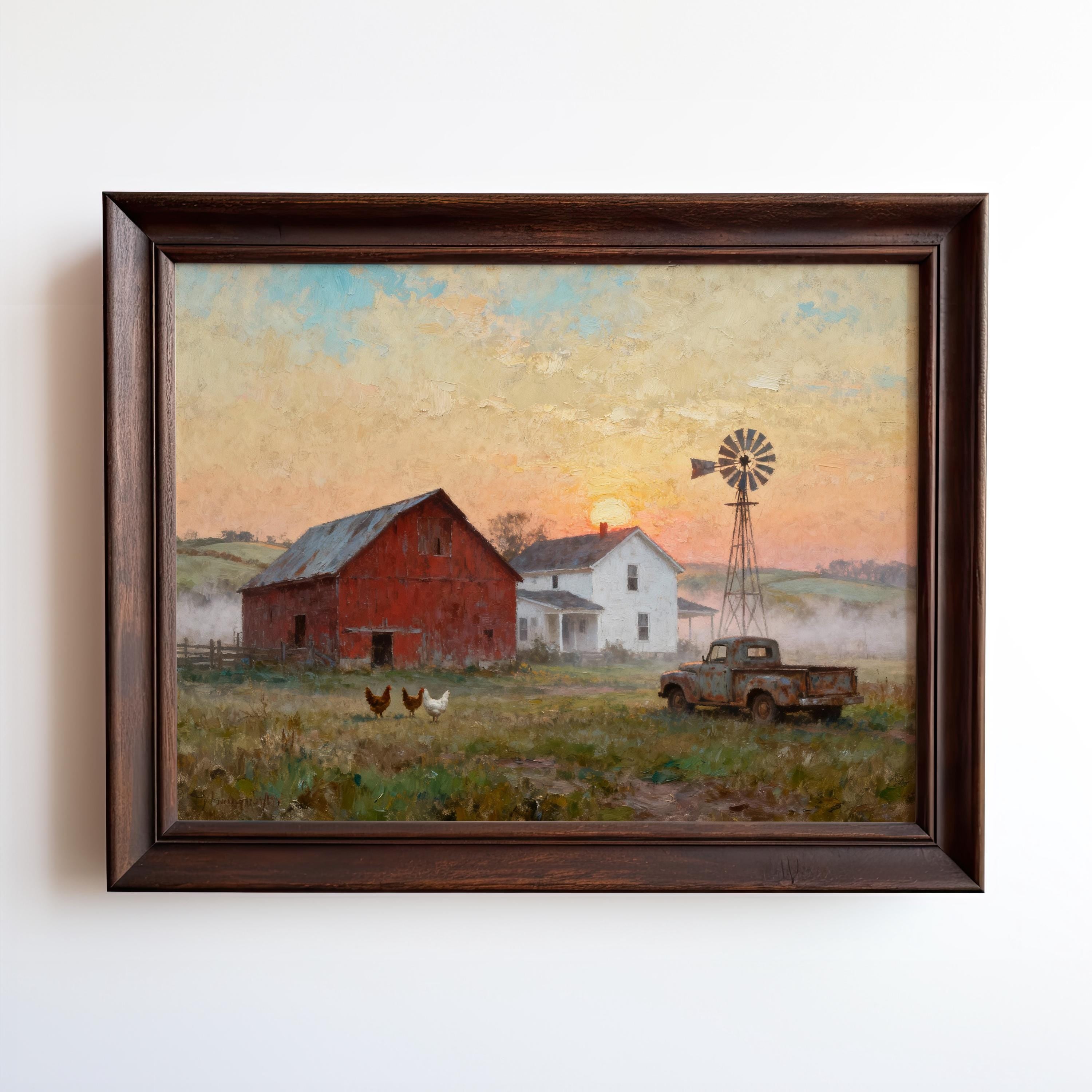 The Rustic Farmhouse Art Print – Red Barn Sunrise Scene with Chickens captures a vintage rural morning with barn, farmhouse, windmill, chickens, and pickup in misty fields. Available framed or unframed; archival quality ensures lasting beauty.