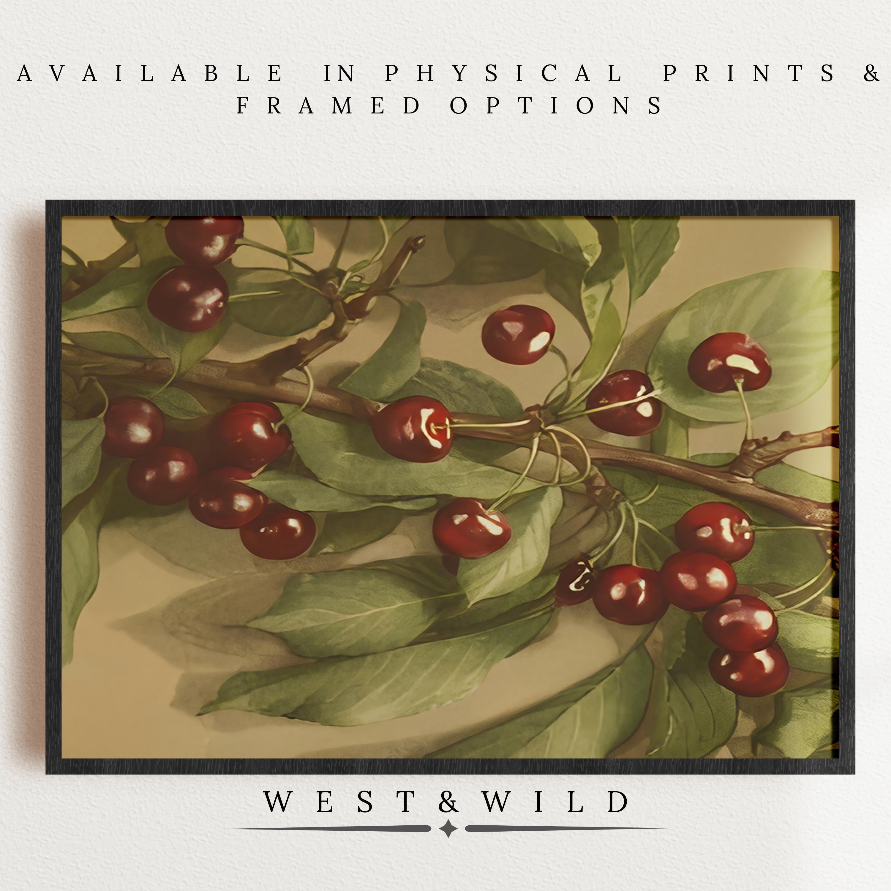 A framed Cherry Art Print—Vintage Kitchen Wall Decor featuring classic still life of red cherries on leafy branches. Available as physical prints and framed art from the West & Wild Art Archive.