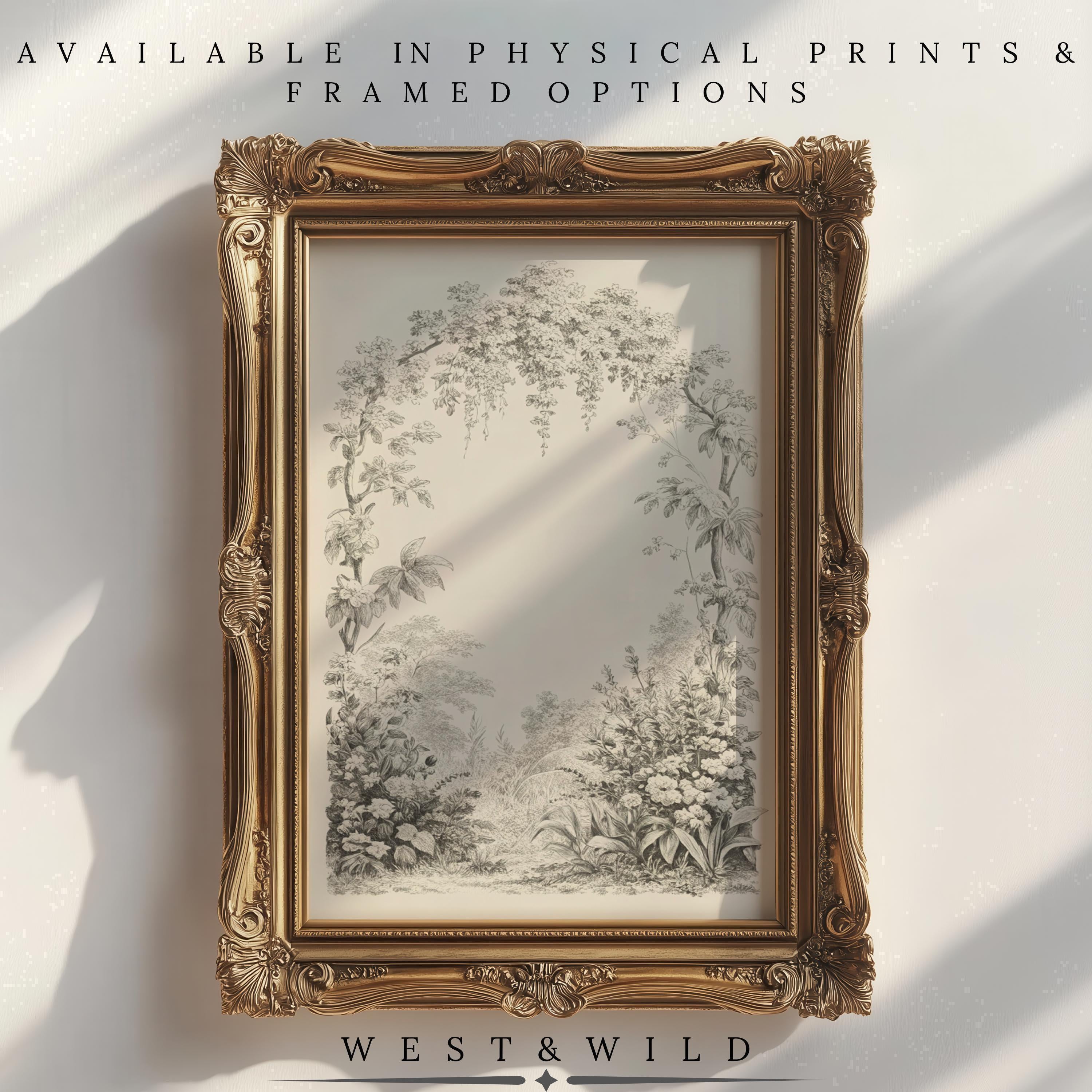 The Flowering Vine Wall Art – Framed Botanical Art Print hangs in a gold frame on a sunlit wall. Above, text reads: Available in physical prints & framed options; below: West & Wild.