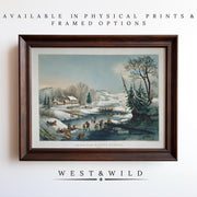 The Classic Winter Scene - Currier and Ives Lithograph is a vintage Americana wall art print showing people ice skating by a snowy village. Available as Vintage Art Prints & Framed Art. Archival Quality guaranteed. WEST & WILD appears below.