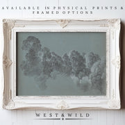 A white frame showcases the Vintage Abstract Wall Art – Teal Blue Painting & Soft Blue Artwork for Rustic Home. Above: Available in physical prints & framed options. Below: WEST & WILD.