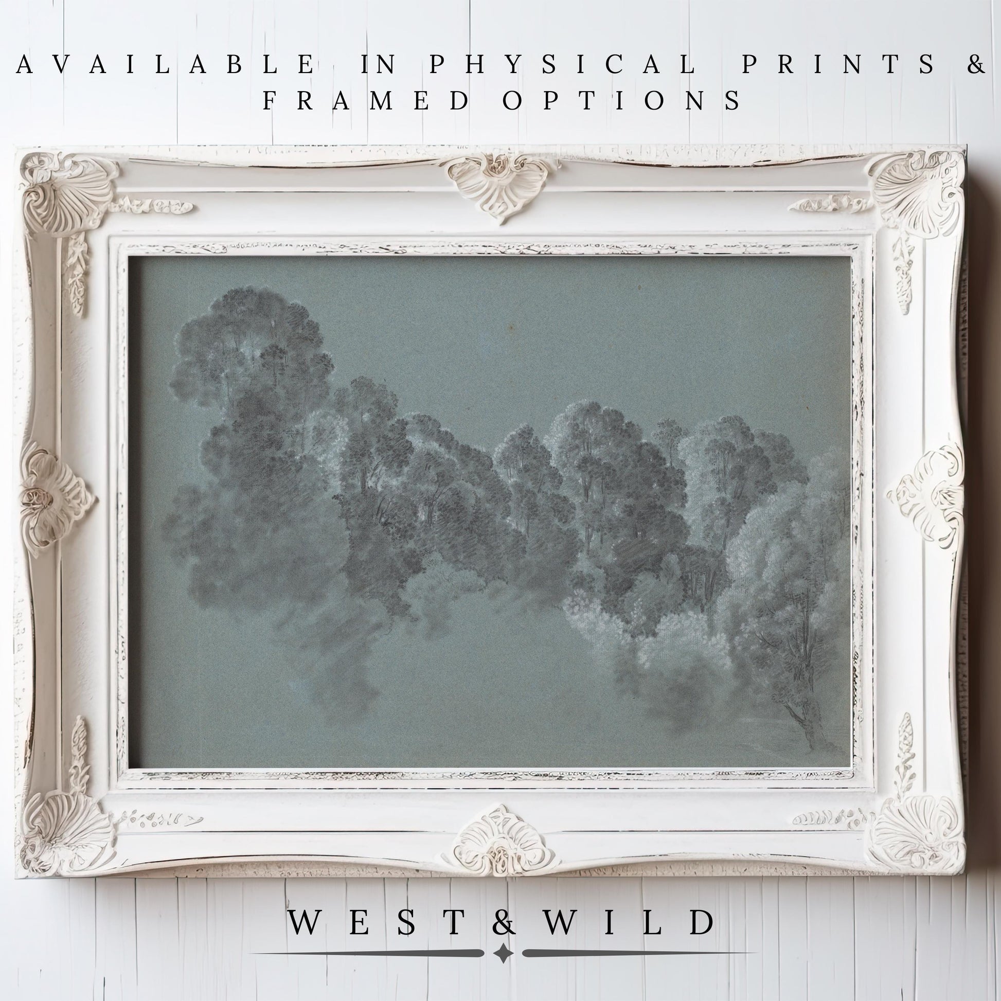A white frame showcases the Vintage Abstract Wall Art – Teal Blue Painting & Soft Blue Artwork for Rustic Home. Above: Available in physical prints & framed options. Below: WEST & WILD.