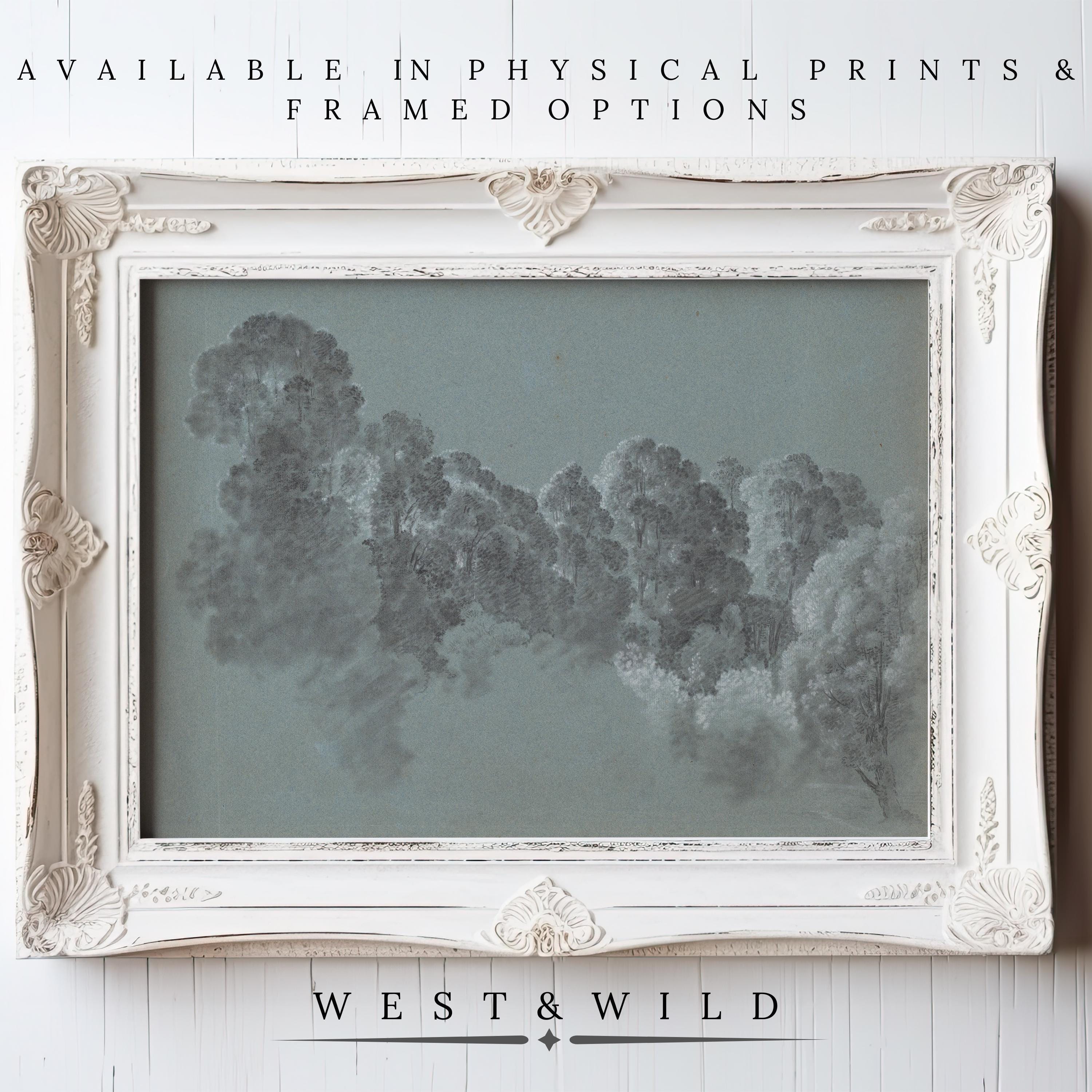 A white frame showcases the Vintage Abstract Wall Art – Teal Blue Painting & Soft Blue Artwork for Rustic Home. Above: Available in physical prints & framed options. Below: WEST & WILD.