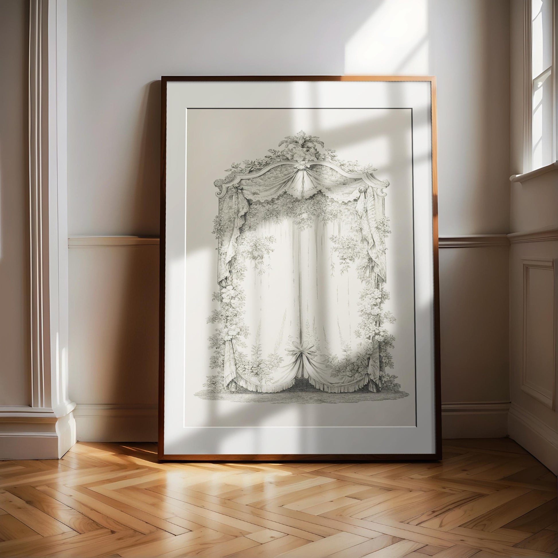 a large, ornate, and detailed drawing of a curtain or window frame, which is displayed in a wooden frame on a wooden floor.