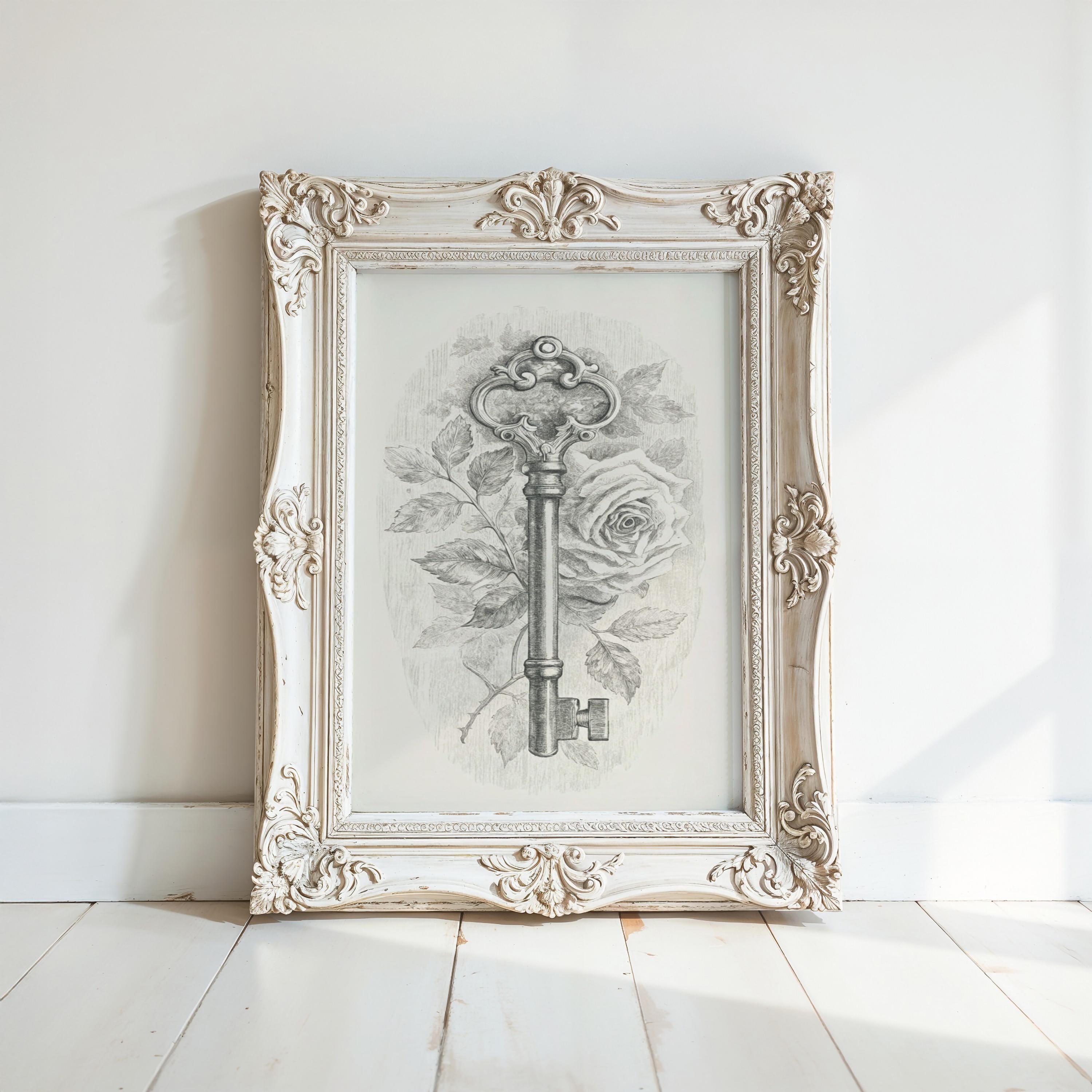 A framed illustration of a key with a rose in the center, displayed on a white wall.