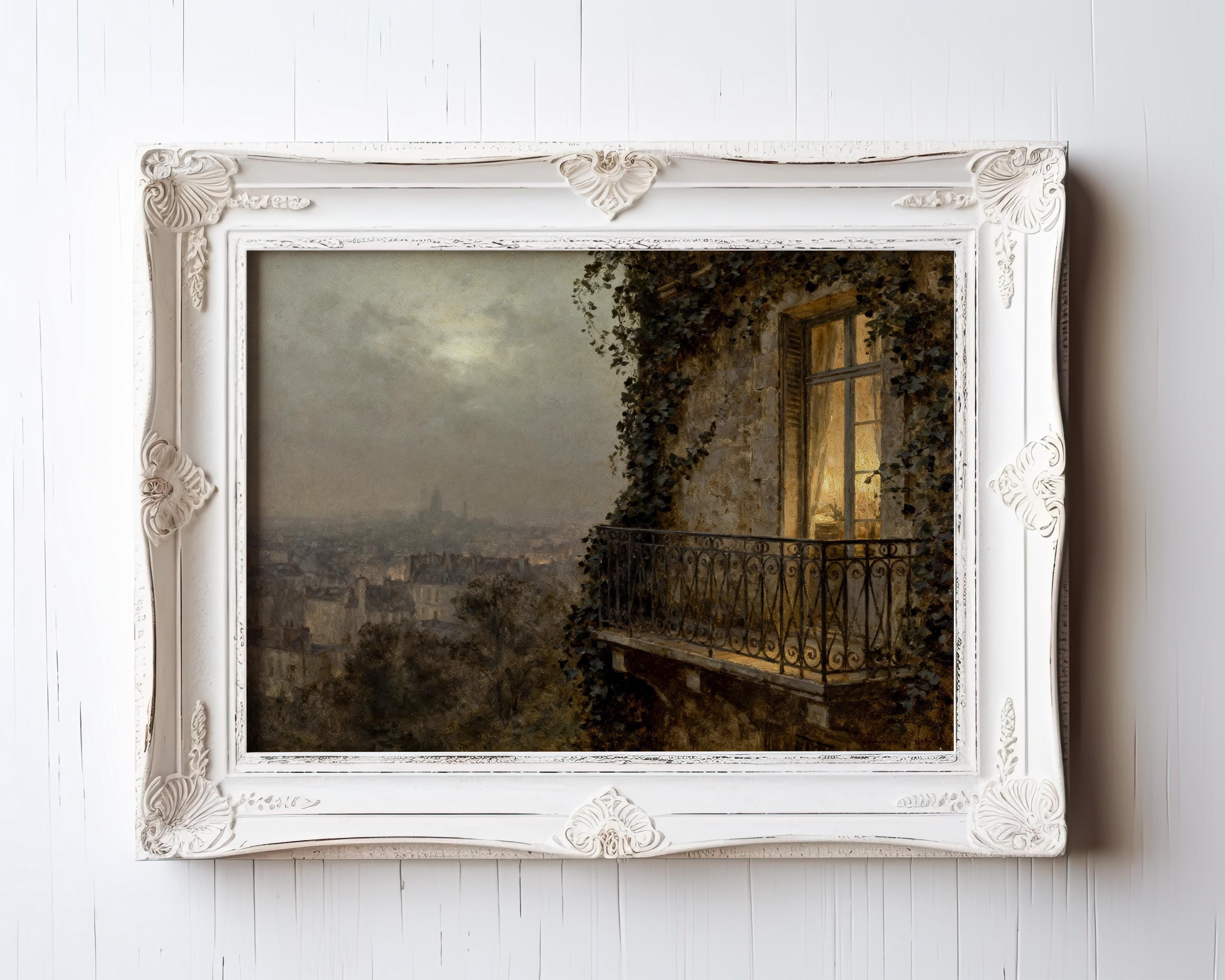 The Paris Balcony Art Print features a vintage cityscape with a balcony draped in ivy, a warmly lit window, and misty skies, all in archival matte finish—perfect framed wall décor from our Vintage Art Prints & Framed Art collection.