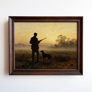 A painting of a man with a rifle and a dog in a field at sunset.