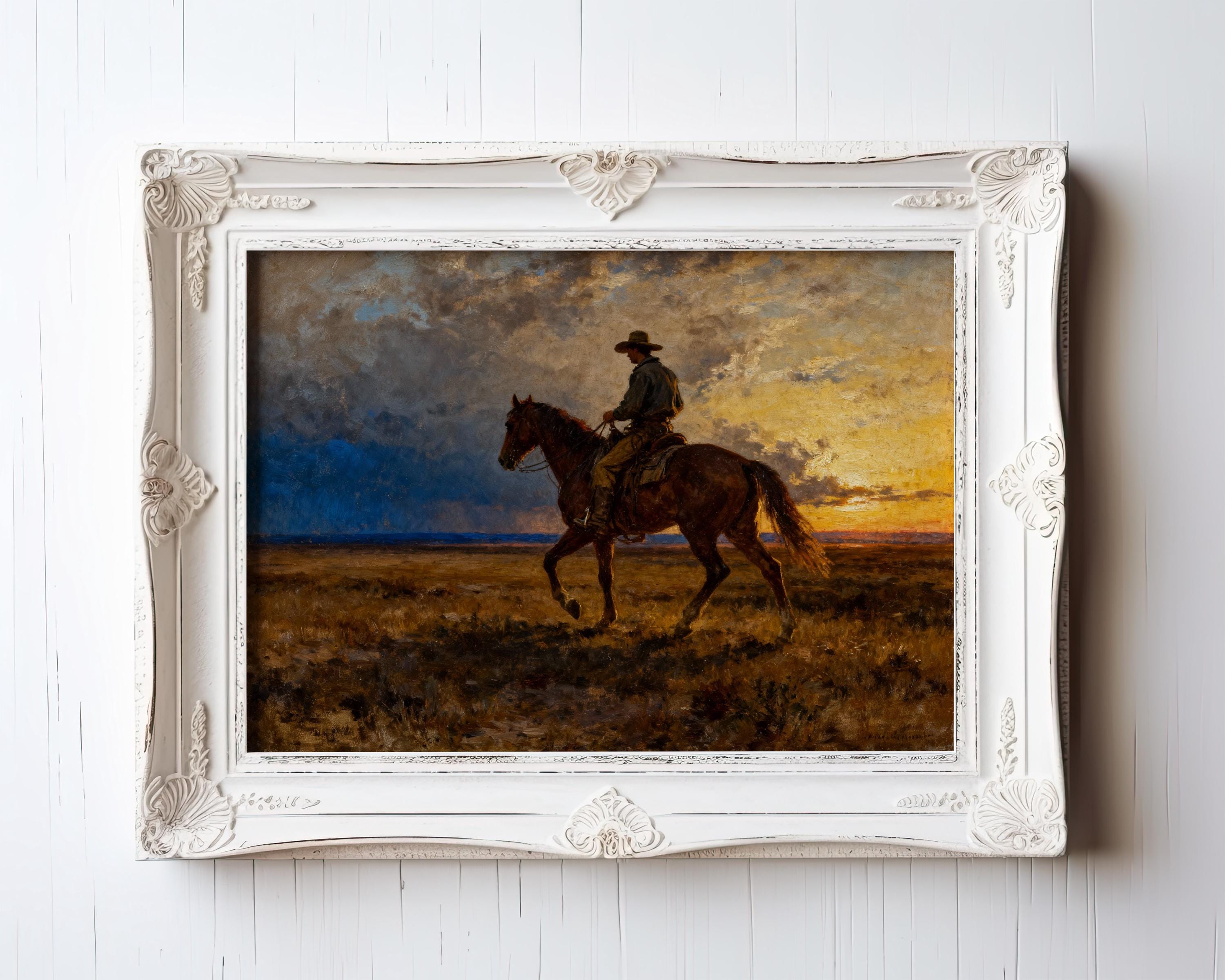 A painting of a cowboy riding a horse in a field, with a dramatic sky in the background.